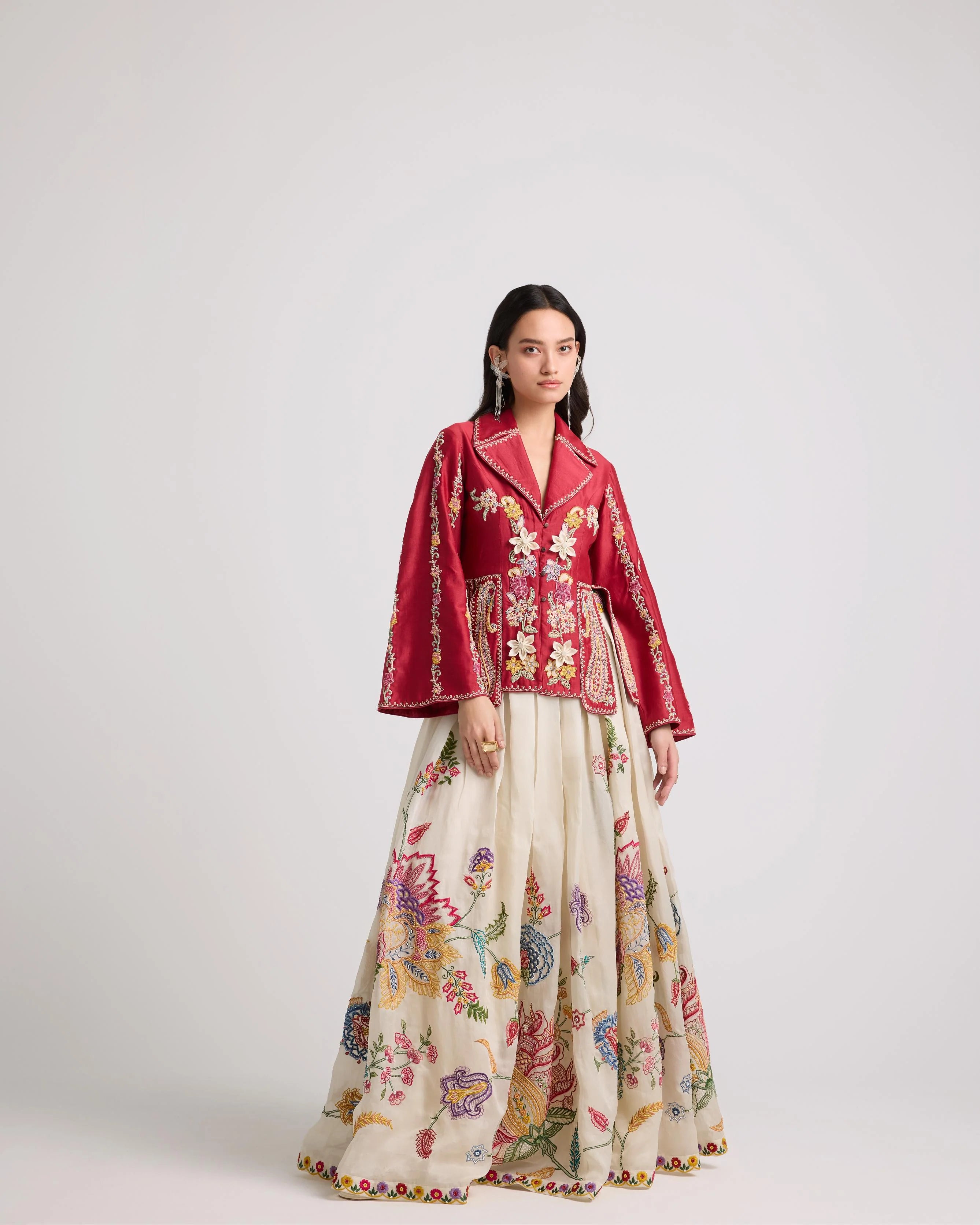 Red Contrast Cordwork And Beadwork Panelled Jacket