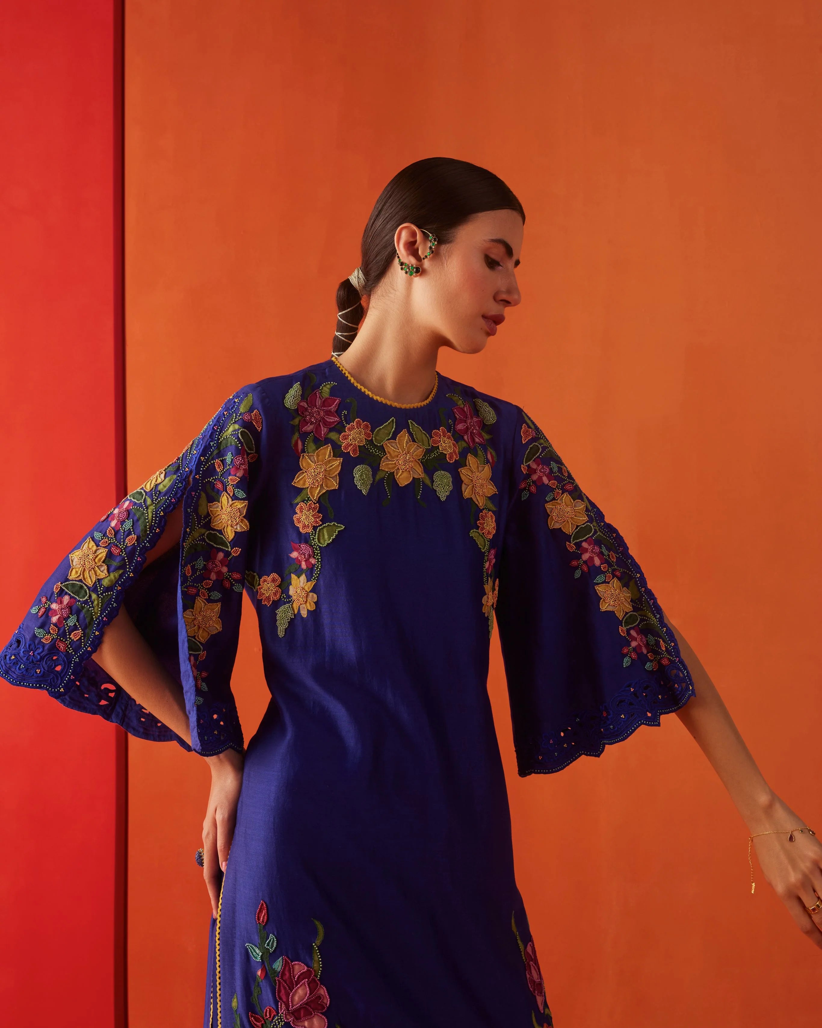 COBALT BLUE APPLIQUE AND BEADWORK KURTA WITH PANTS