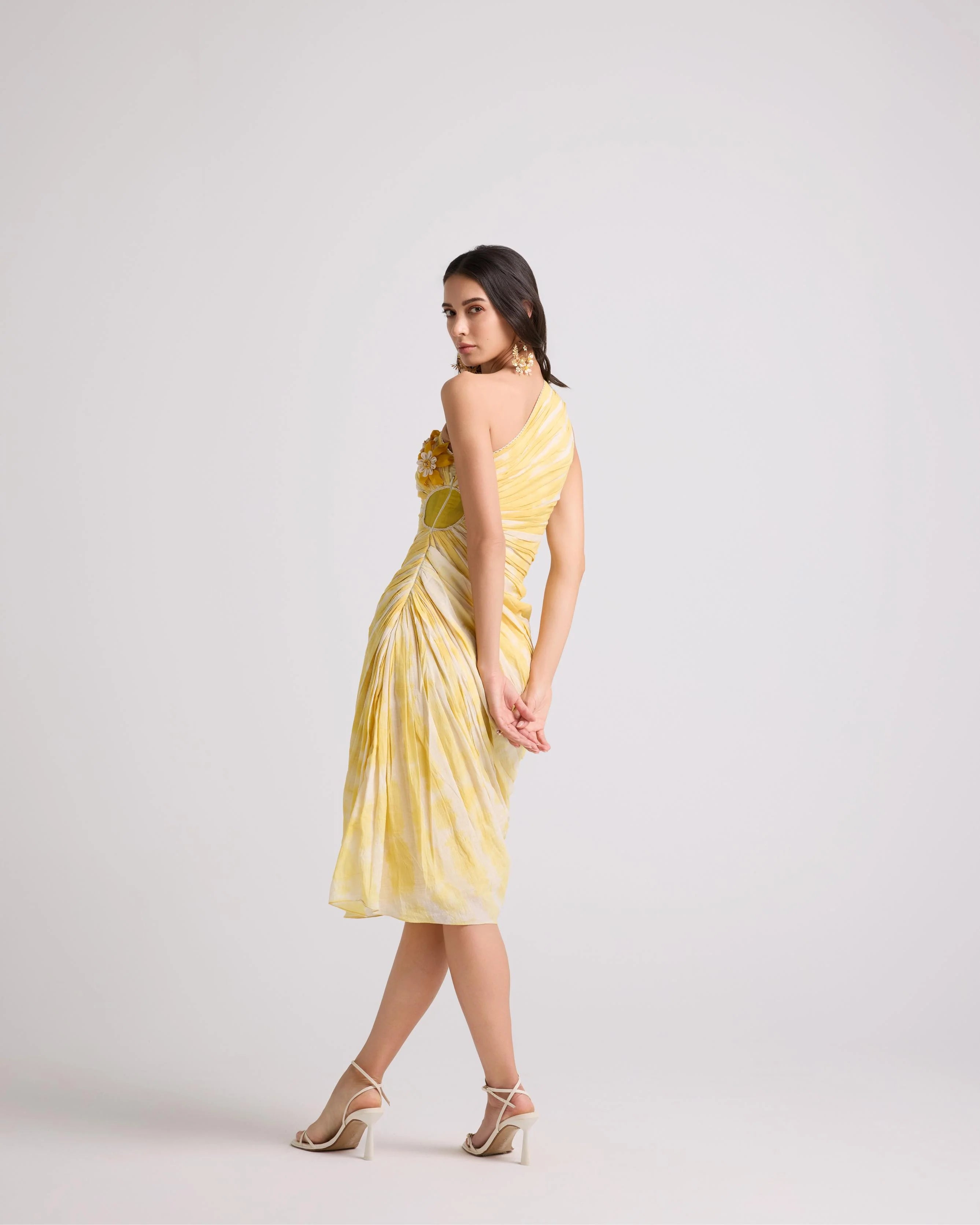 Yellow Tie-Dye Asymmetric Ruched Dress