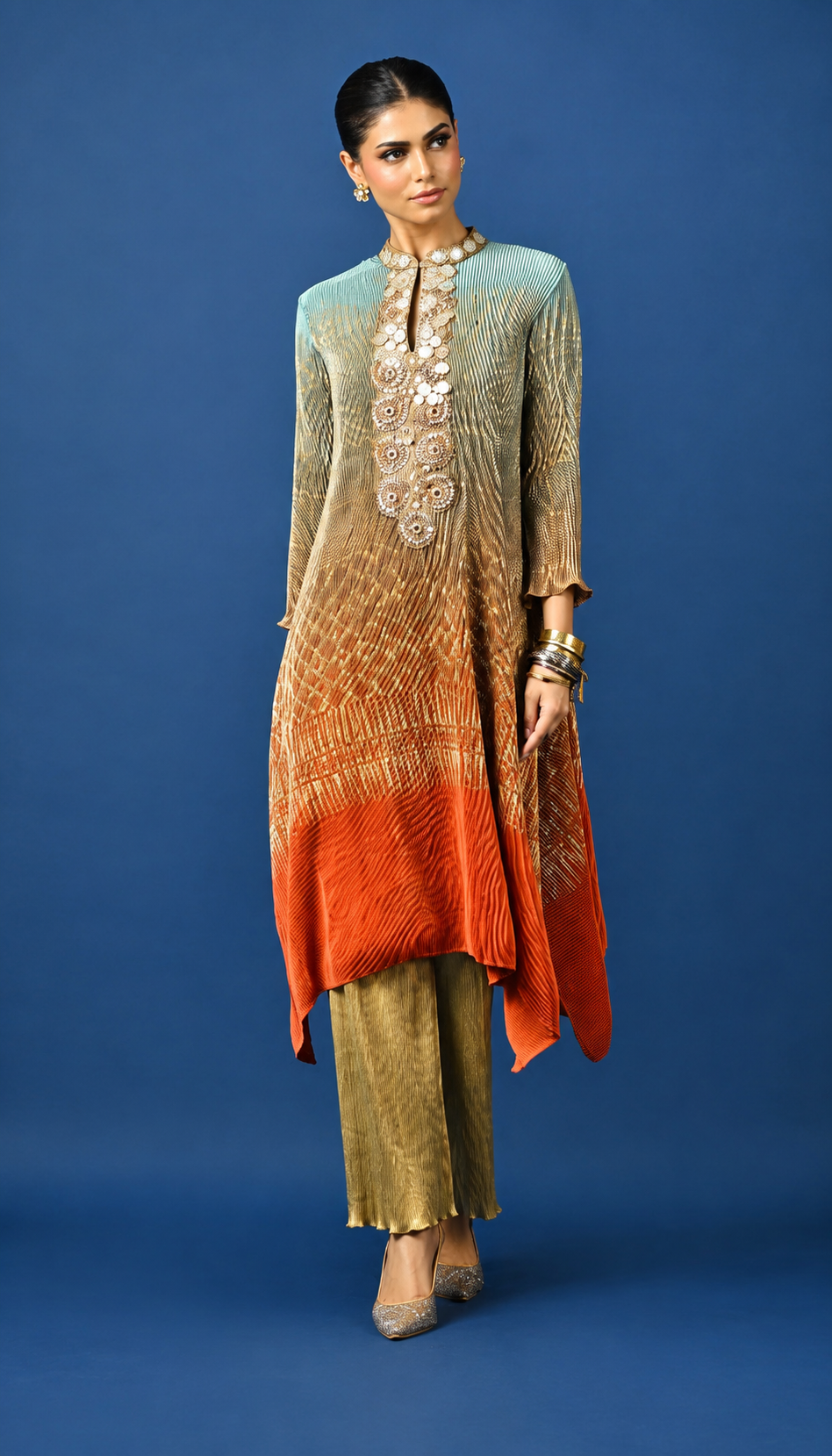Sage-Rust Pleated Printed Embroidered Kurta Set