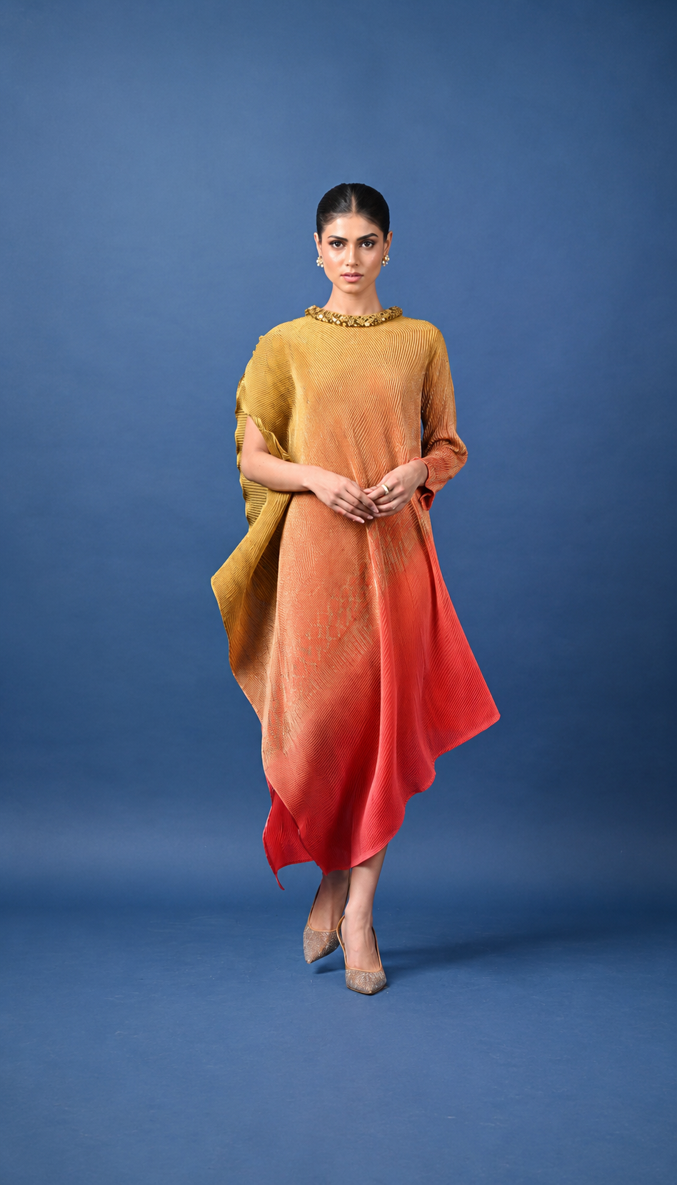 Mustard-Coral Ombre Pleated Embroidered Dress