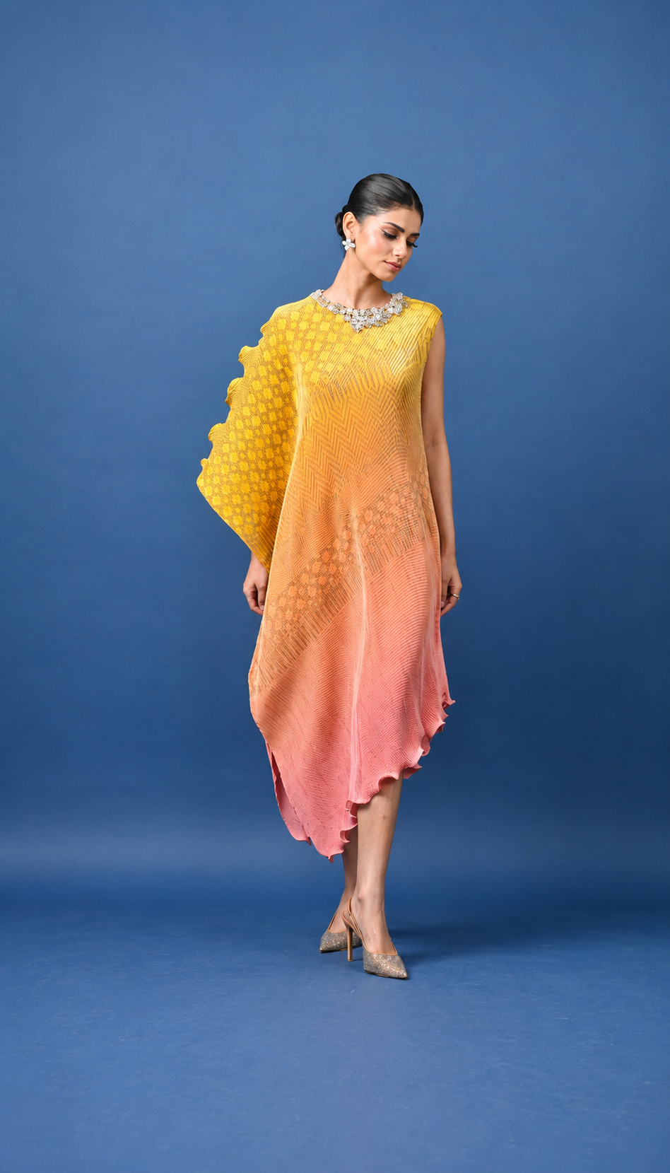 Yellow-Coral Pleated Embroidered One Sleeve Dress