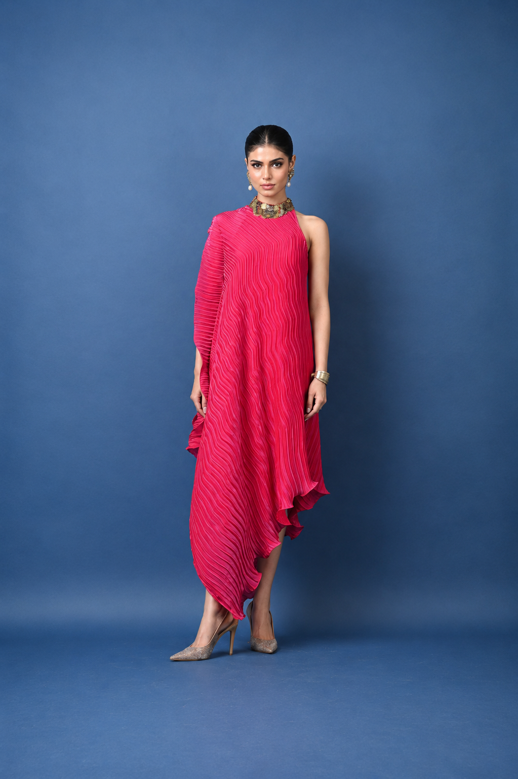 Magenta Pleated Embroidered One Sleeve Dress