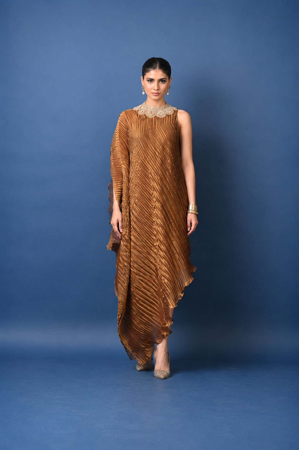 Antique Gold Pleated Embroidered One Sleeve Dress
