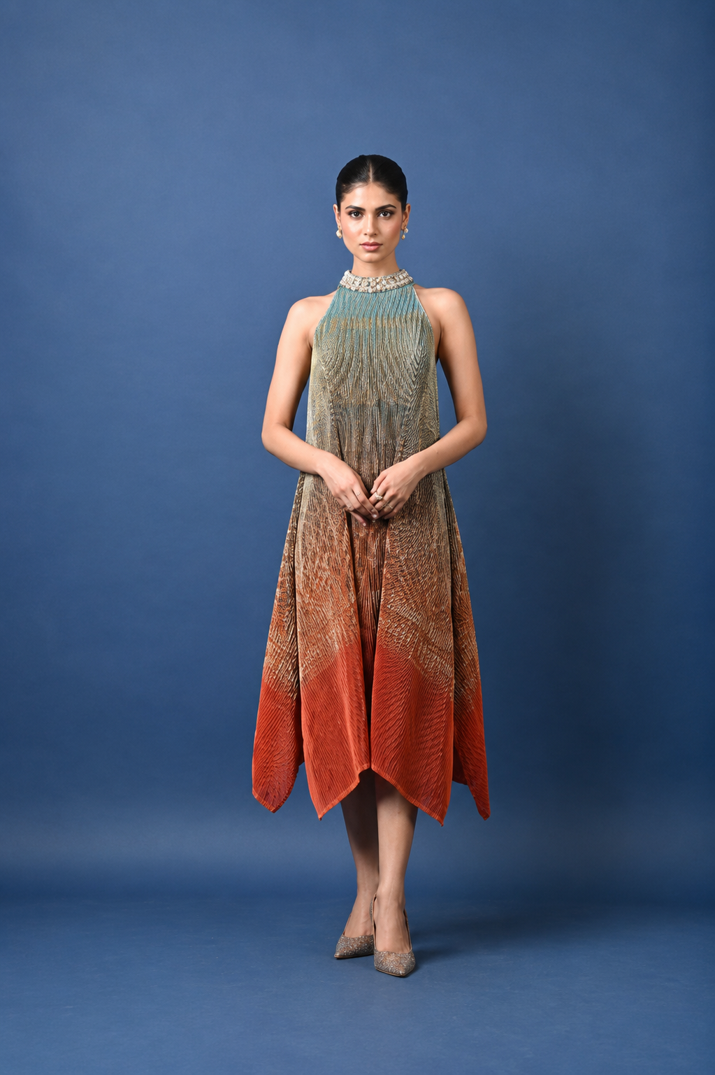 Sage-Rust Ombre Printed Pleated Halter-Neck Dress