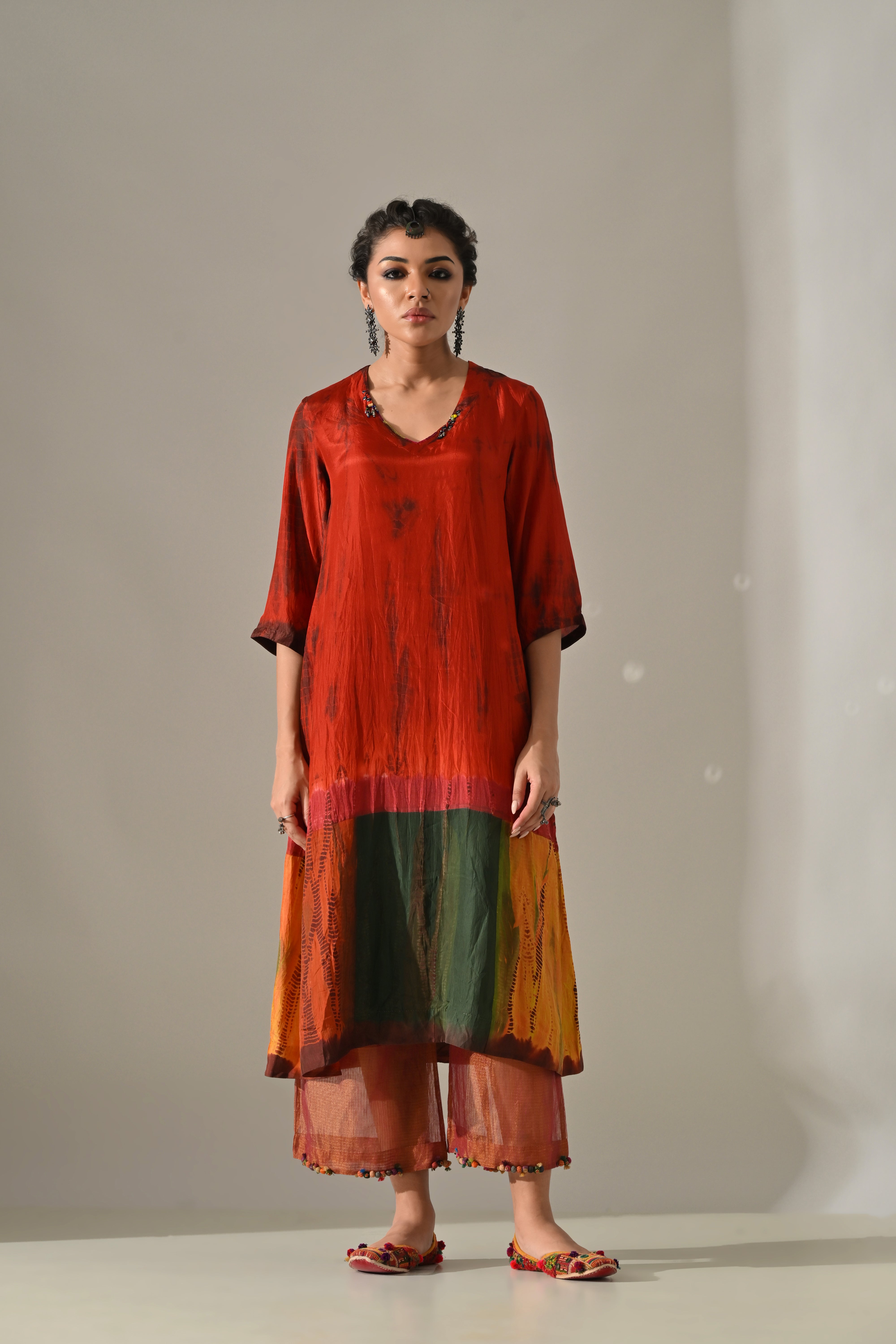 Orange Multi Panel Placement Kurta Set