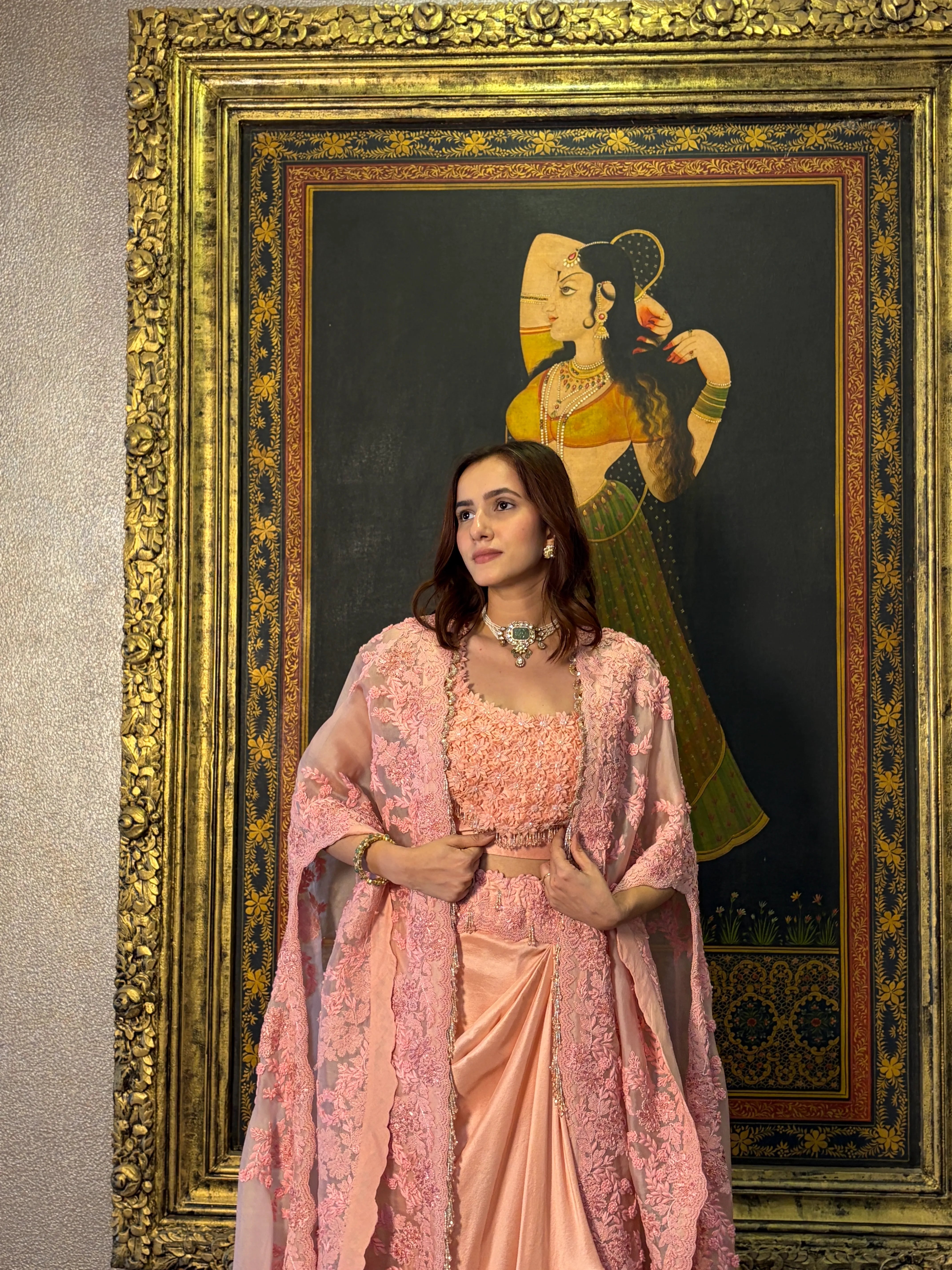 Pink Organza Skirt Set With Cape