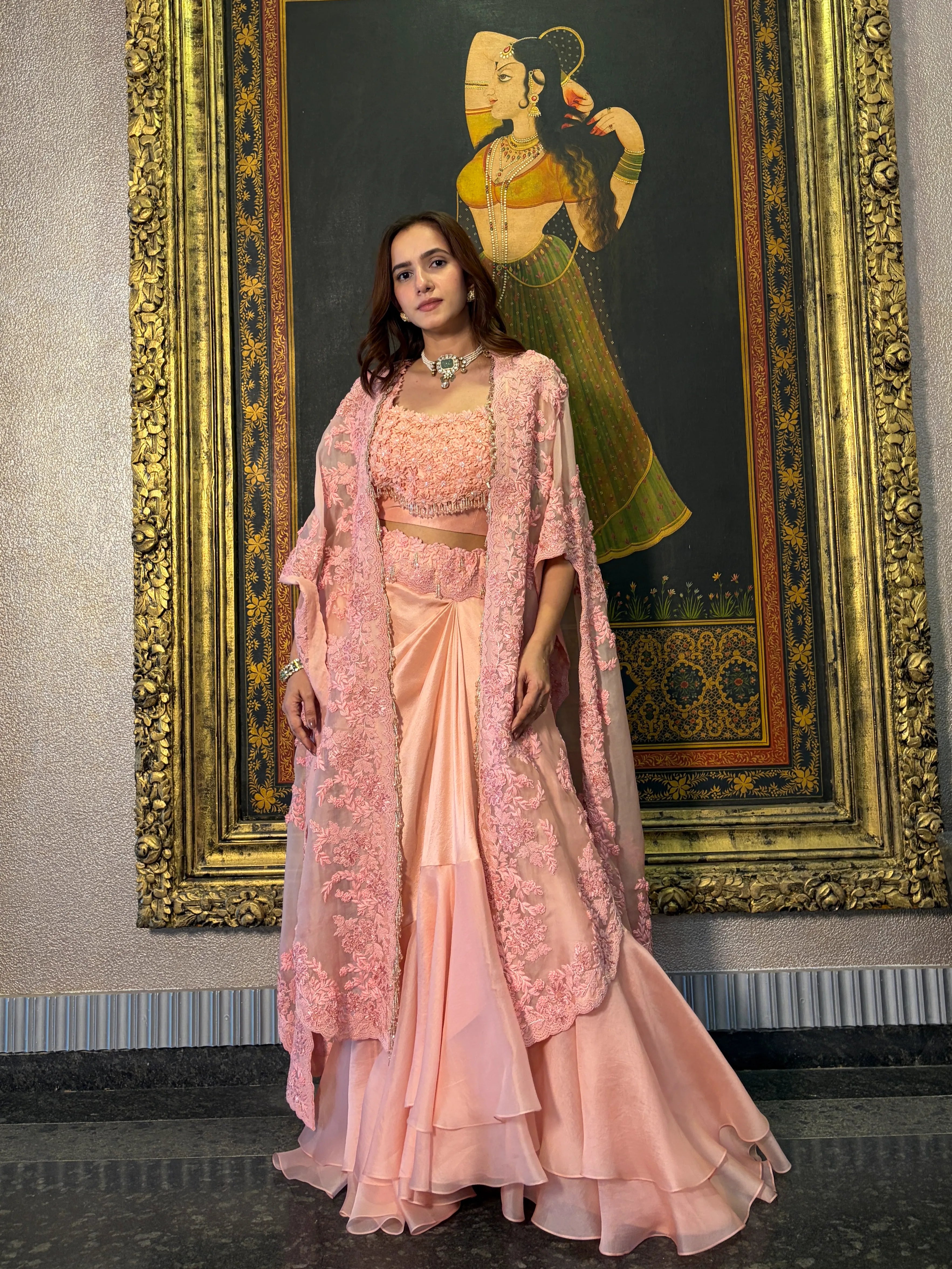 Pink Organza Skirt Set With Cape