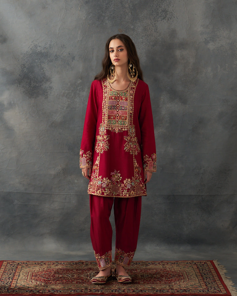 Velvet Patchwork Loose Phiran Kurta set with embroidered bottom.