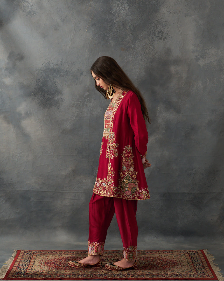 Velvet Patchwork Loose Phiran Kurta set with embroidered bottom.