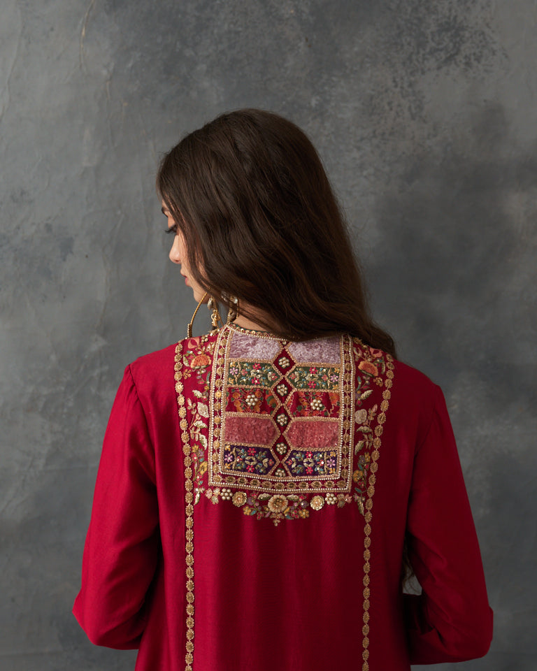 Velvet Patchwork Loose Phiran Kurta set with embroidered bottom.