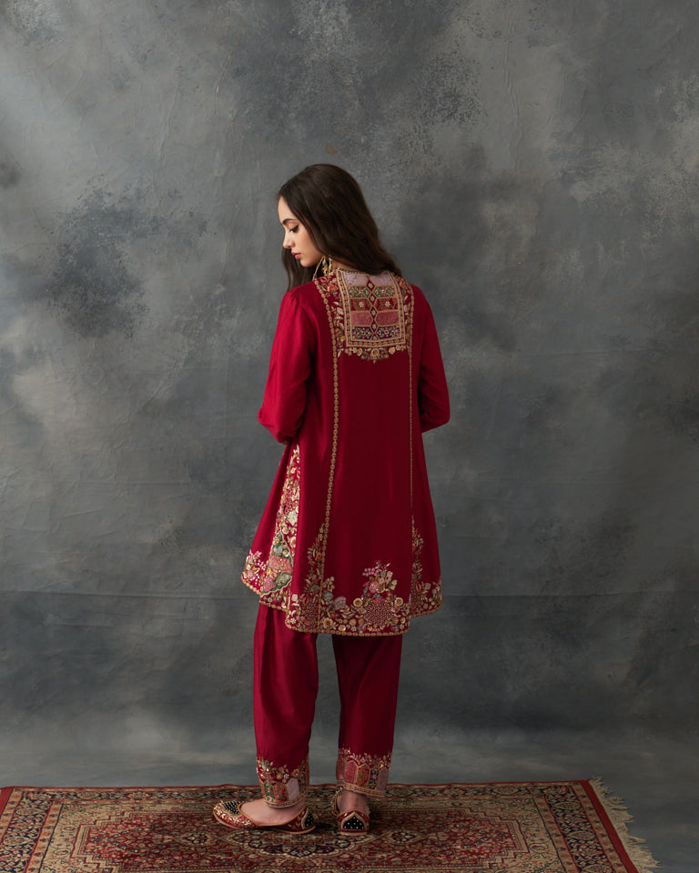Velvet Patchwork Loose Phiran Kurta set with embroidered bottom.