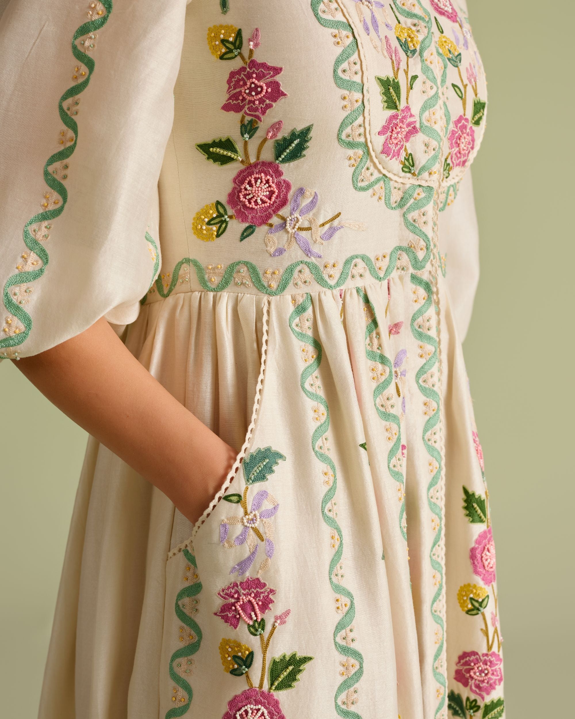 Ivory Floral Vines Midi Dress