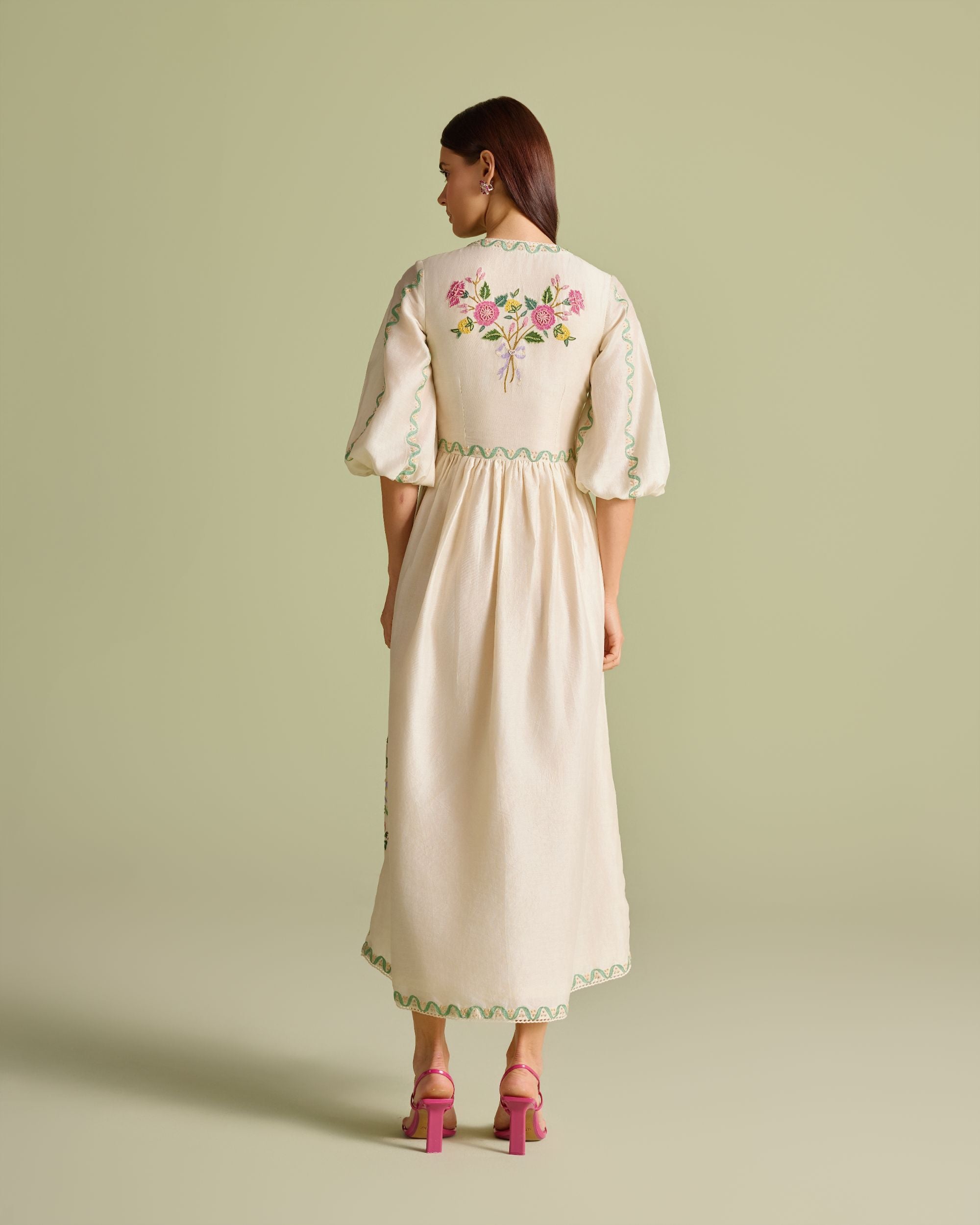 Ivory Floral Vines Midi Dress