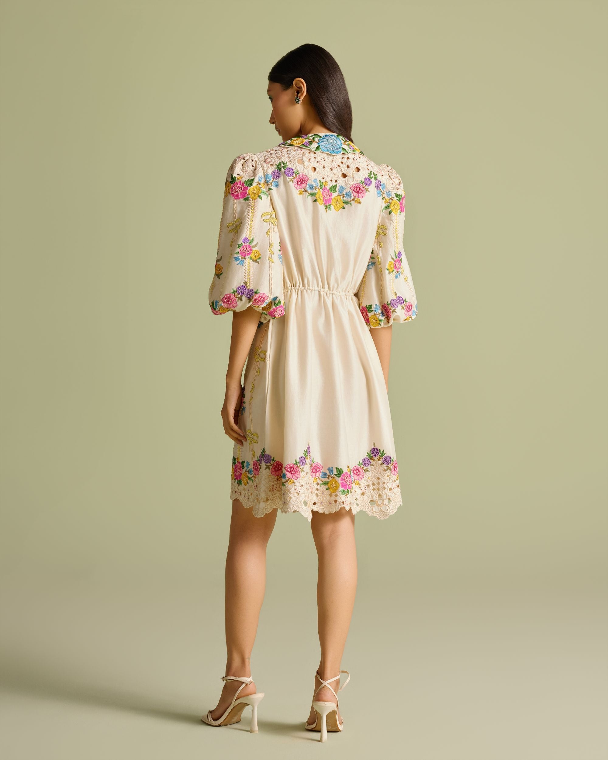 Ivory Floral Striped Short Shirt Dress