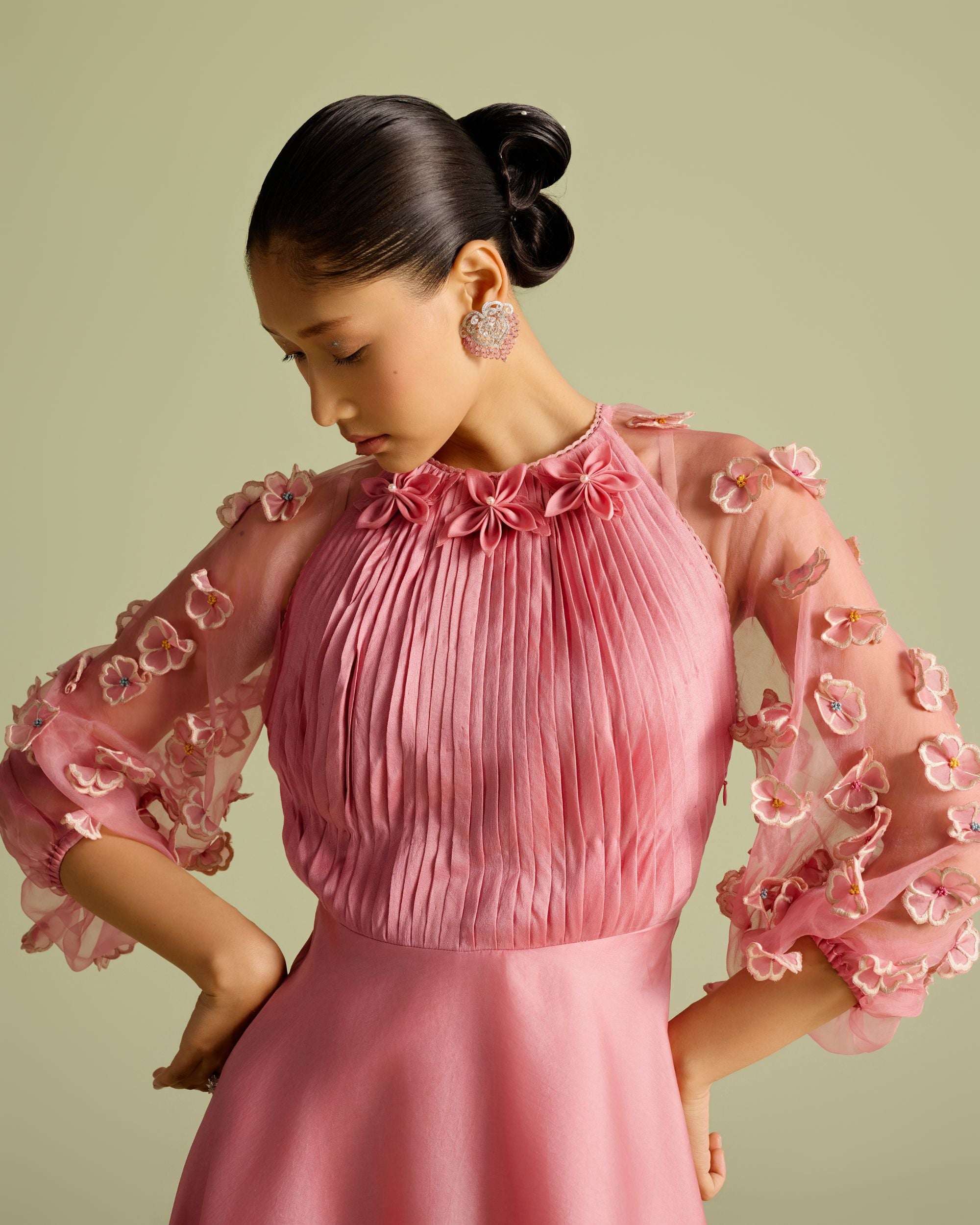 Pink Contrast Embroidered Flounce Dress