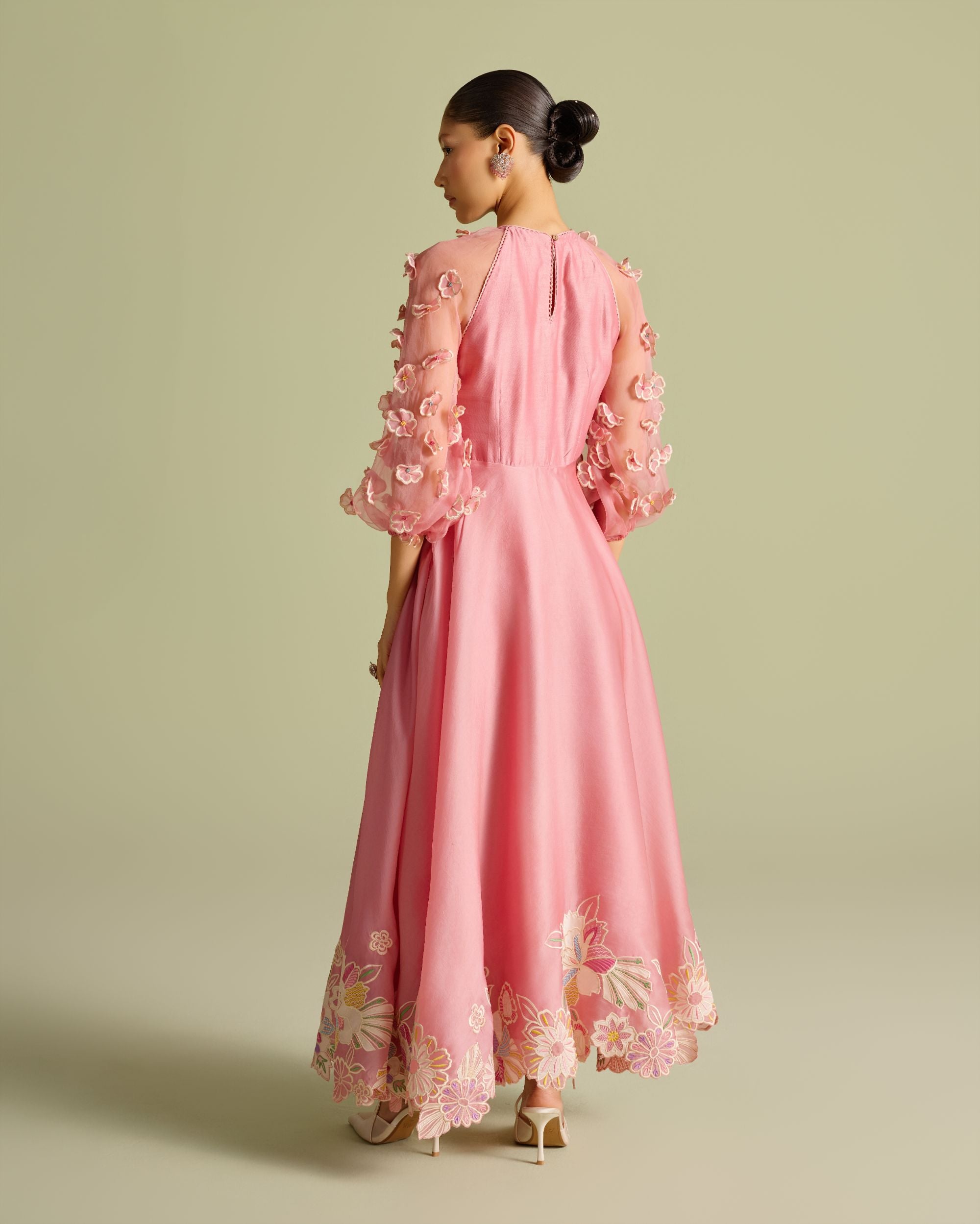 Pink Contrast Embroidered Flounce Dress