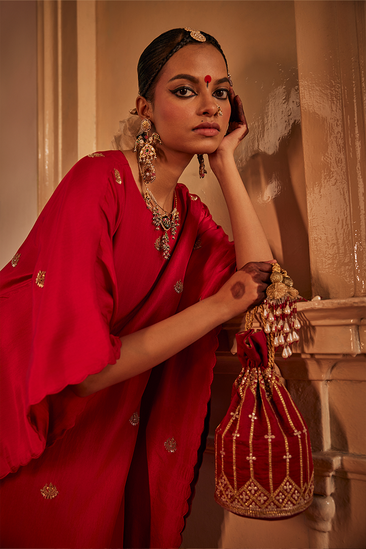 Luxurious Red Silk Kaftan Pant Set with Handwoven Marodi Zardozi Embroidery