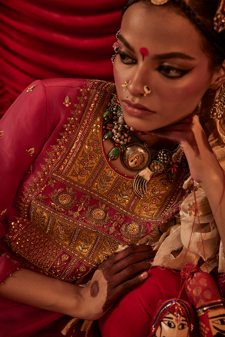 Nitara Handwoven Silk Kurta Sharara Dupatta Set: Exquisite Zardozi & Gota Embroidery