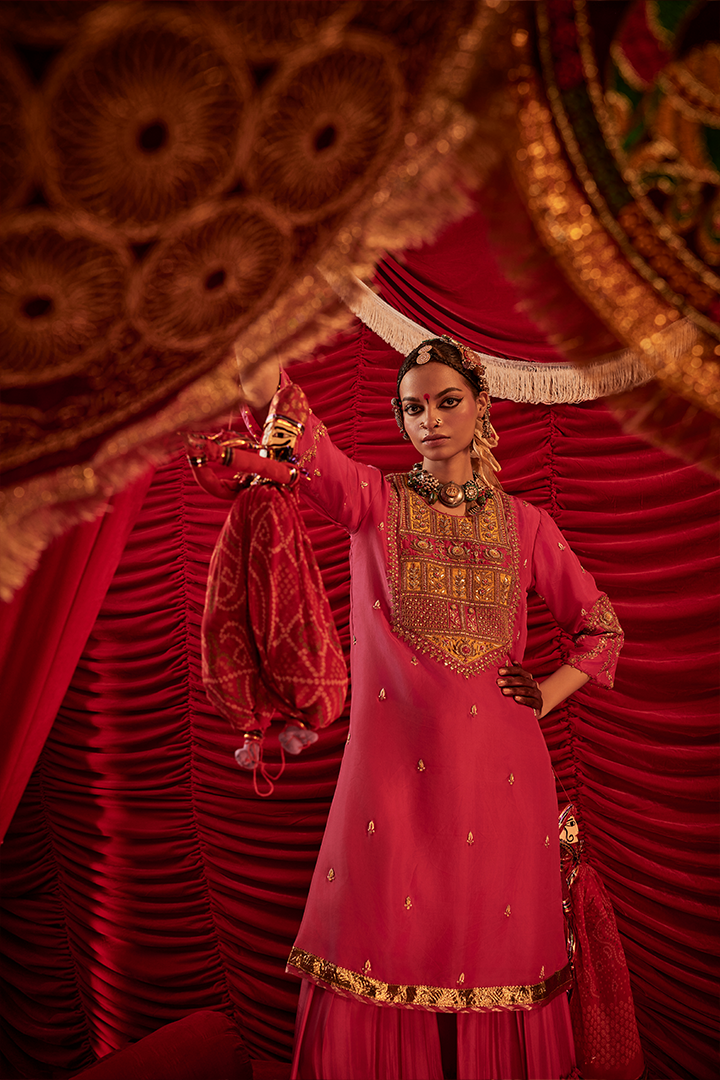 Nitara Handwoven Silk Kurta Sharara Dupatta Set: Exquisite Zardozi & Gota Embroidery