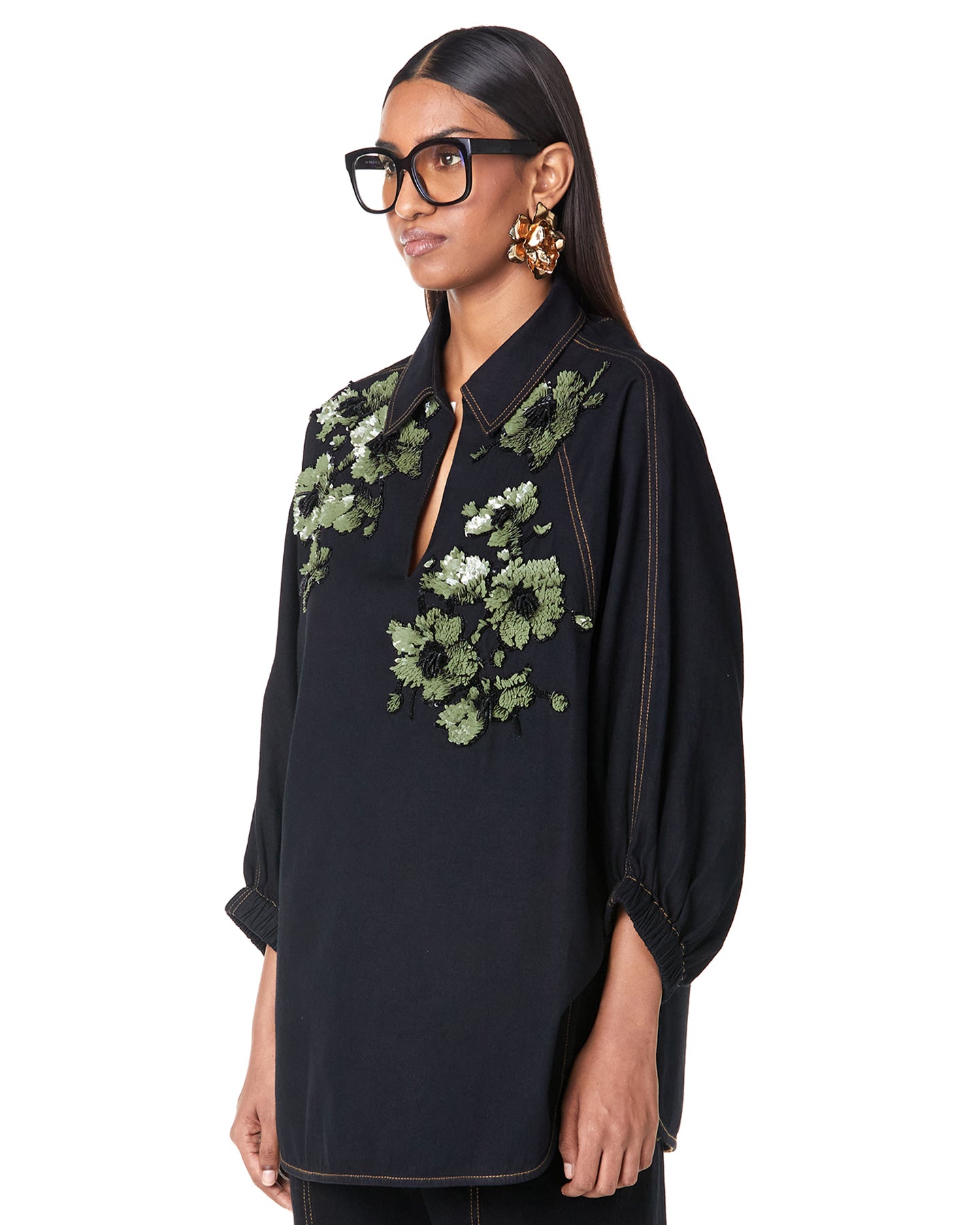 DENIM BOUQUET POLO BATWING SHIRT