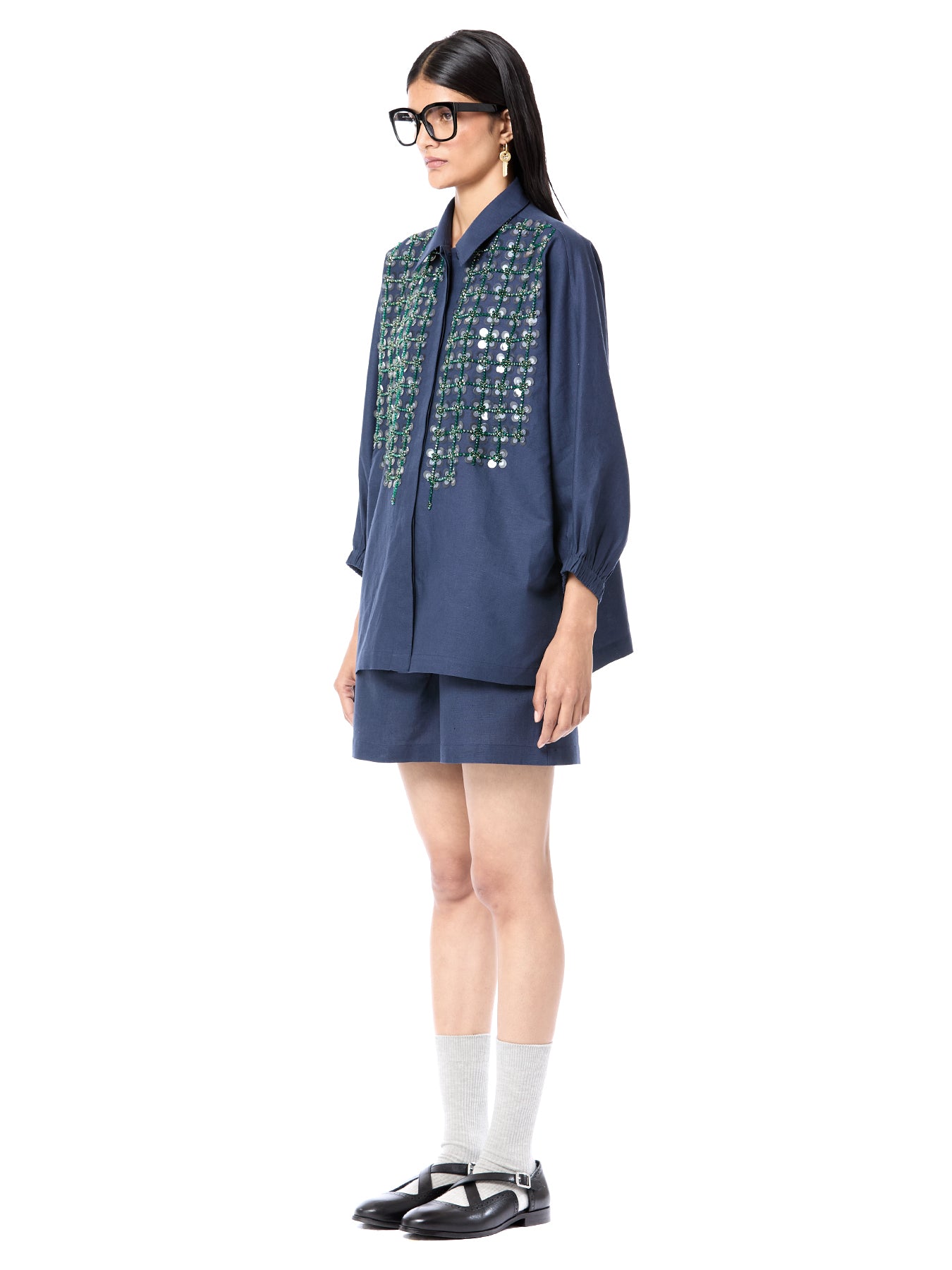 Navy Linen Cotton Handcrafted Oversized Shirt