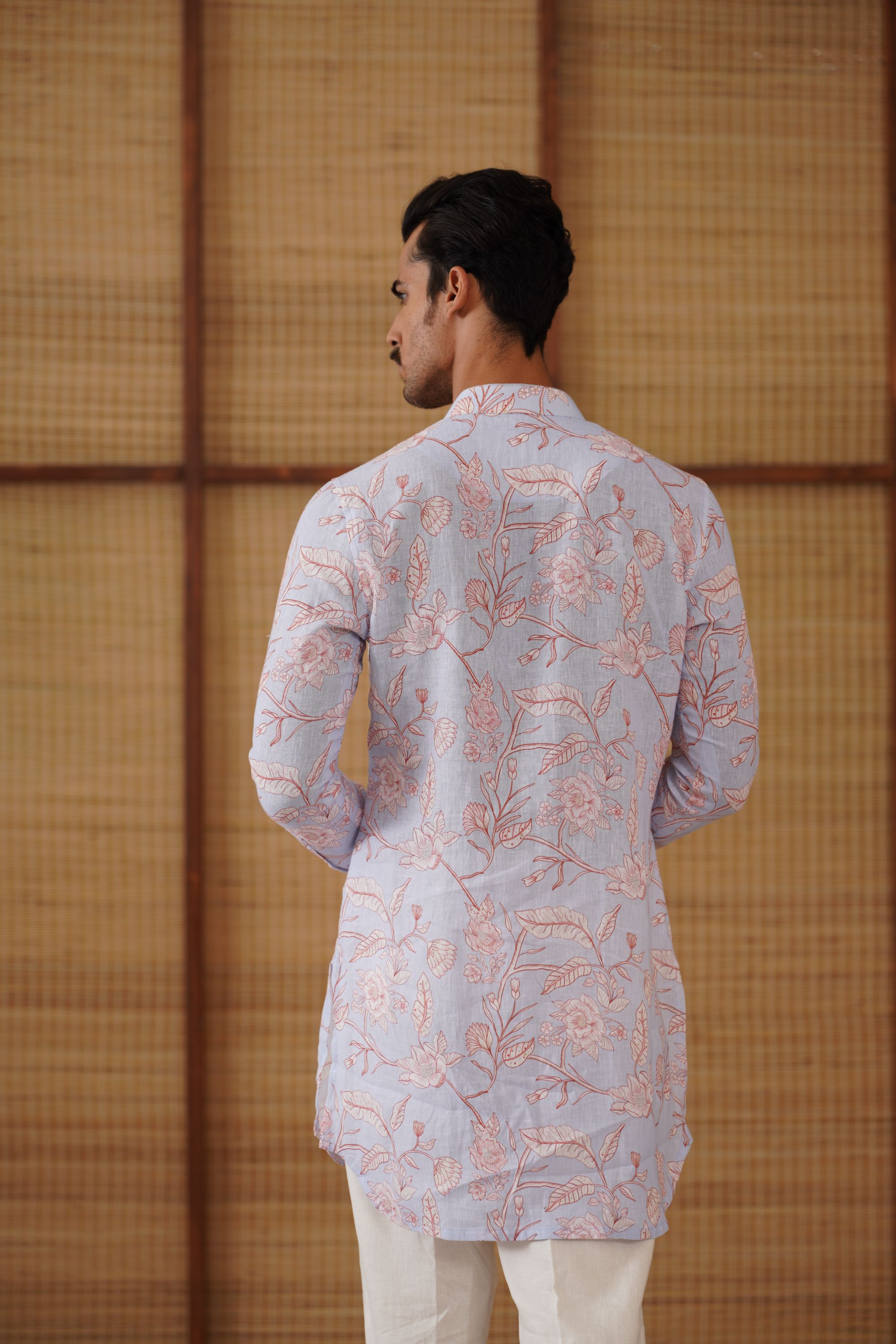 Soft Blue floral linen printed short kurta set