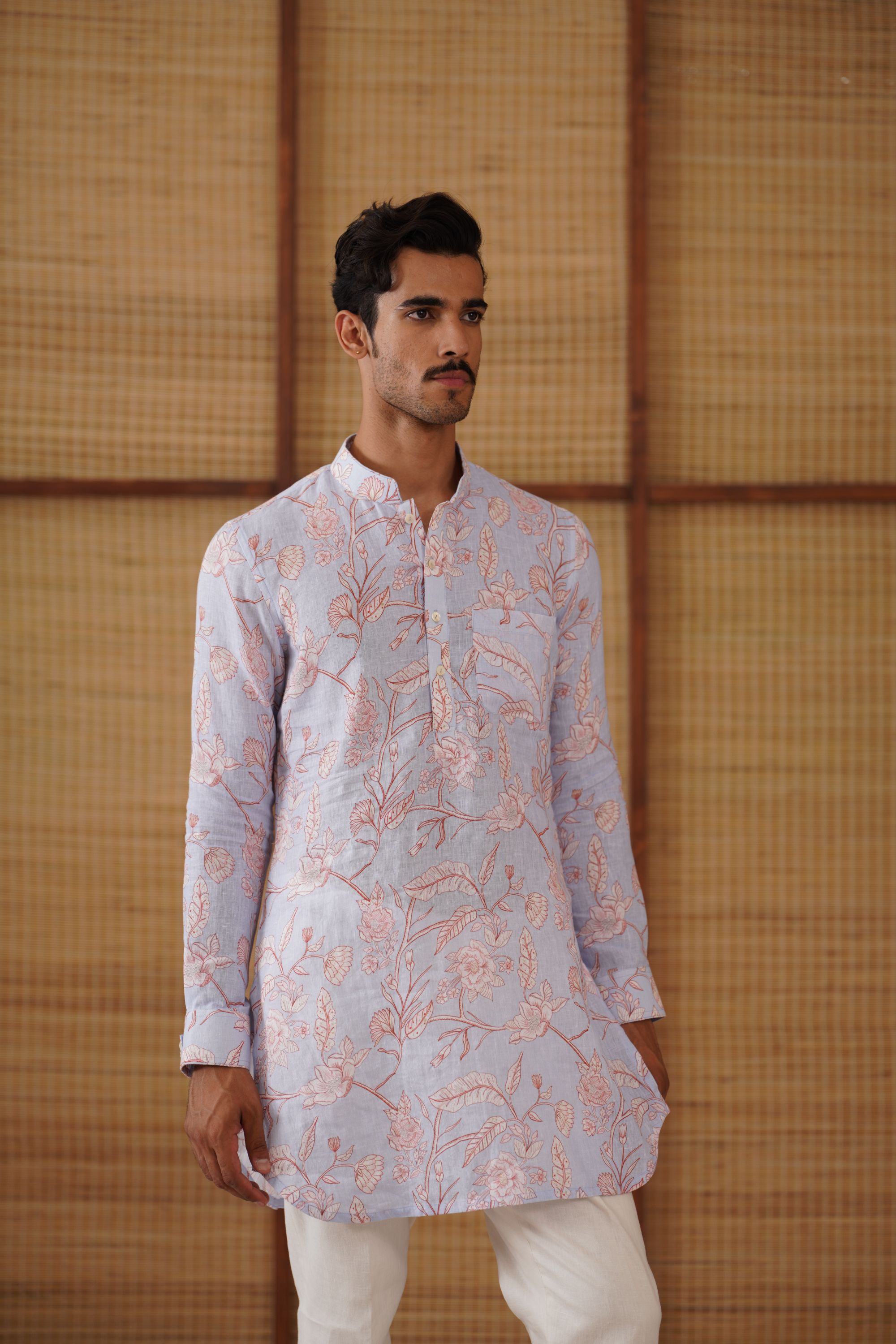 Soft Blue floral linen printed short kurta set