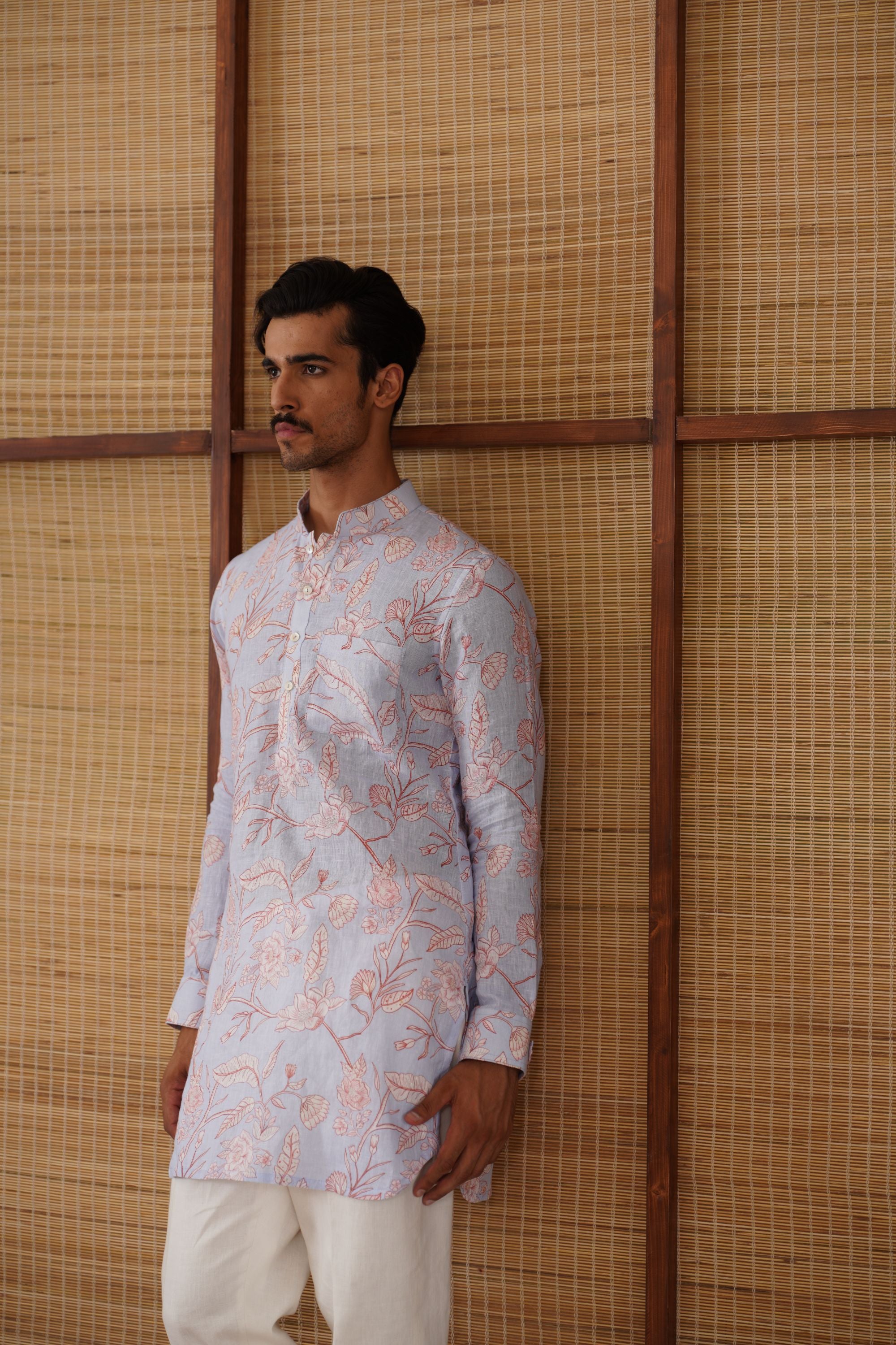 Soft Blue floral linen printed short kurta set