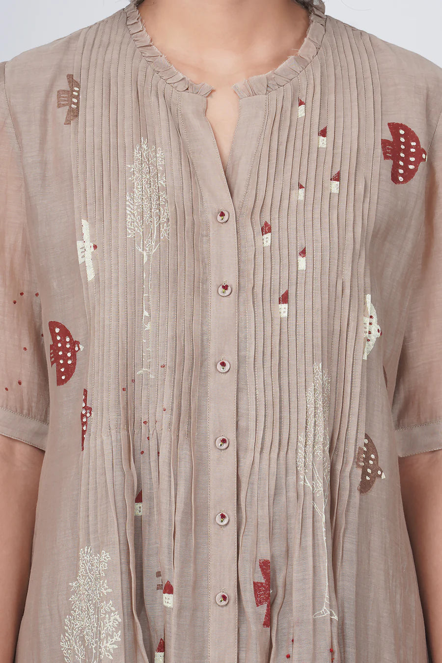 Hakoni Print Pleated Dress In Cotton Chanderi