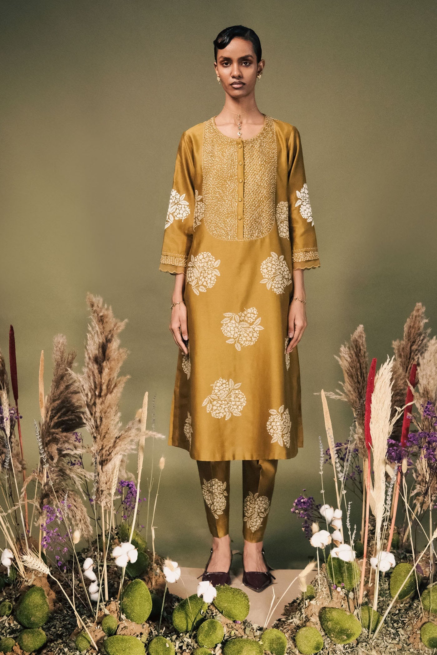 Elegant Moss Green Silk Chanderi Tunic Set with Exquisite Sleeve Embroidery