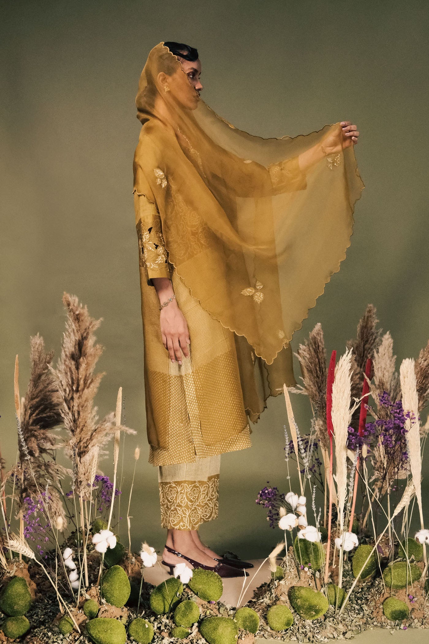 Luxurious Moss Green Linen Tunic Set: Double Layer, Embroidered Sleeves, Unique Discharge Print