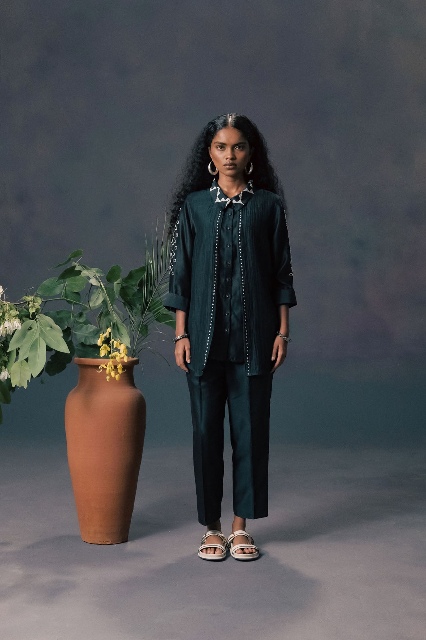 Luxurious Indigo Double Layer Shirt & Pants Set: Embroidered Mul Silk Chanderi Ensemble