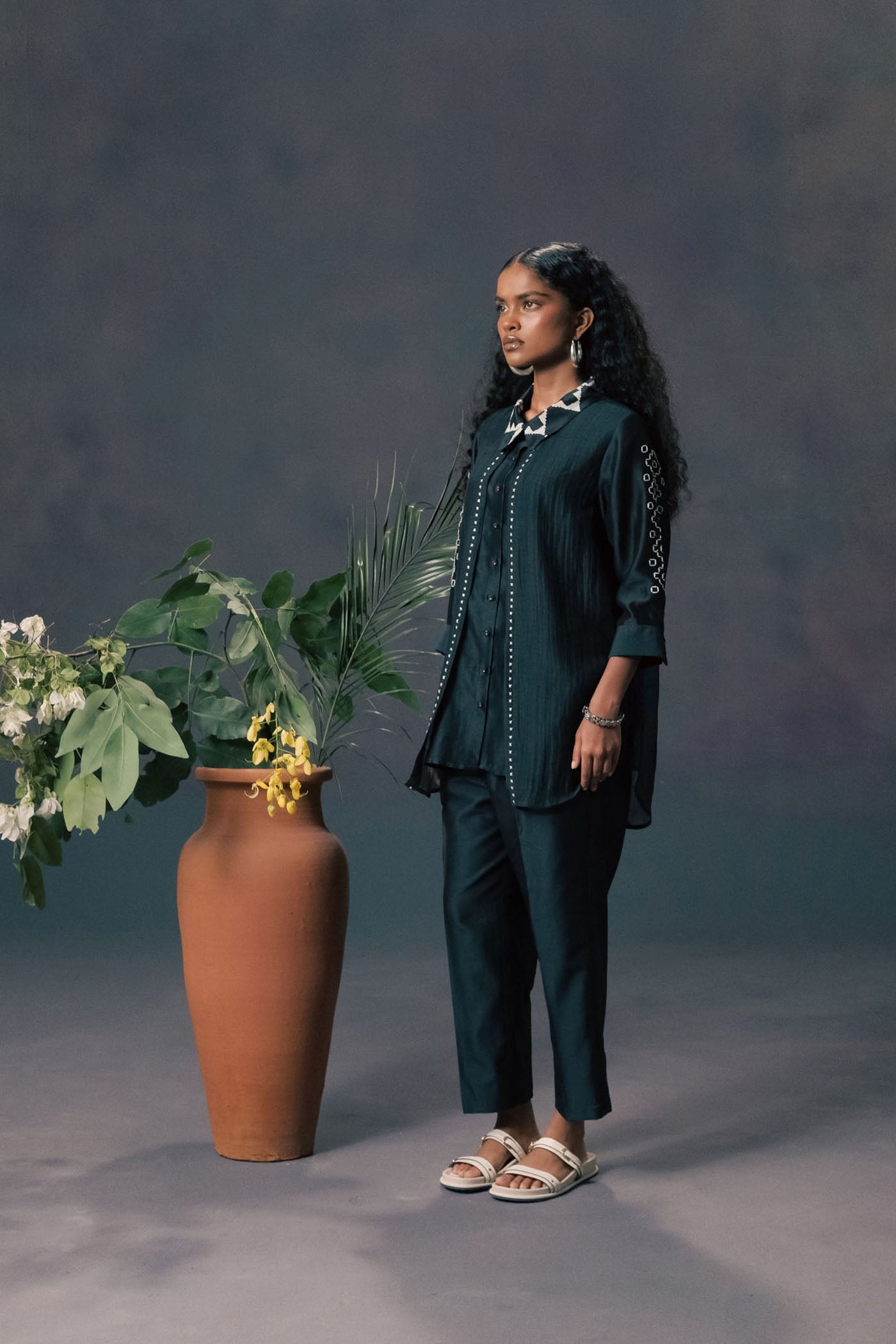 Luxurious Indigo Double Layer Shirt & Pants Set: Embroidered Mul Silk Chanderi Ensemble