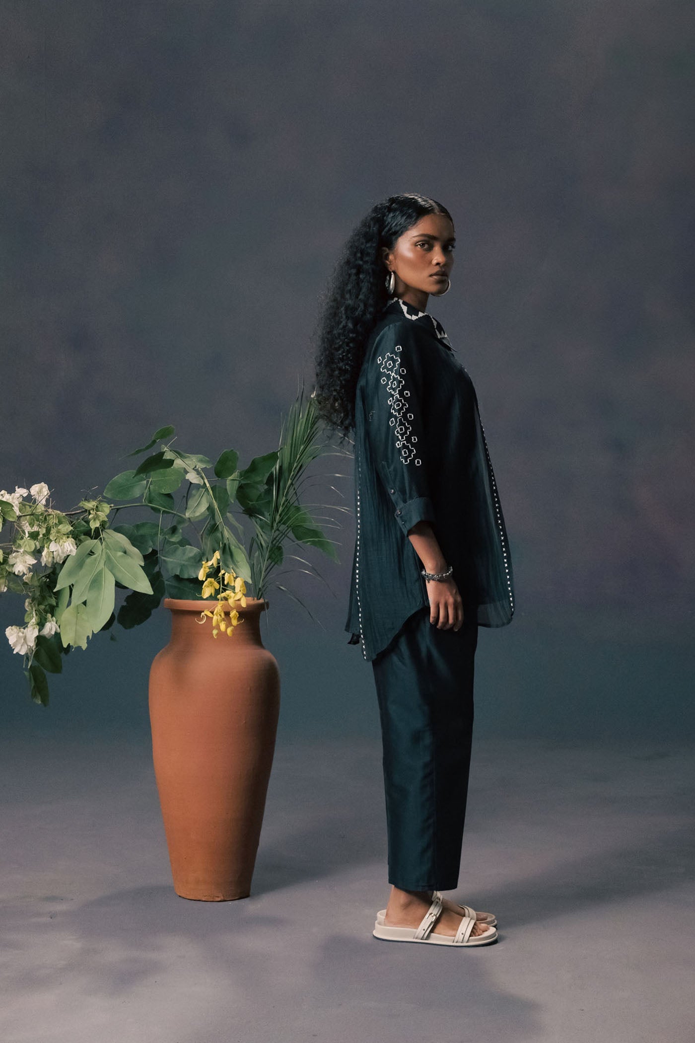 Luxurious Indigo Double Layer Shirt & Pants Set: Embroidered Mul Silk Chanderi Ensemble