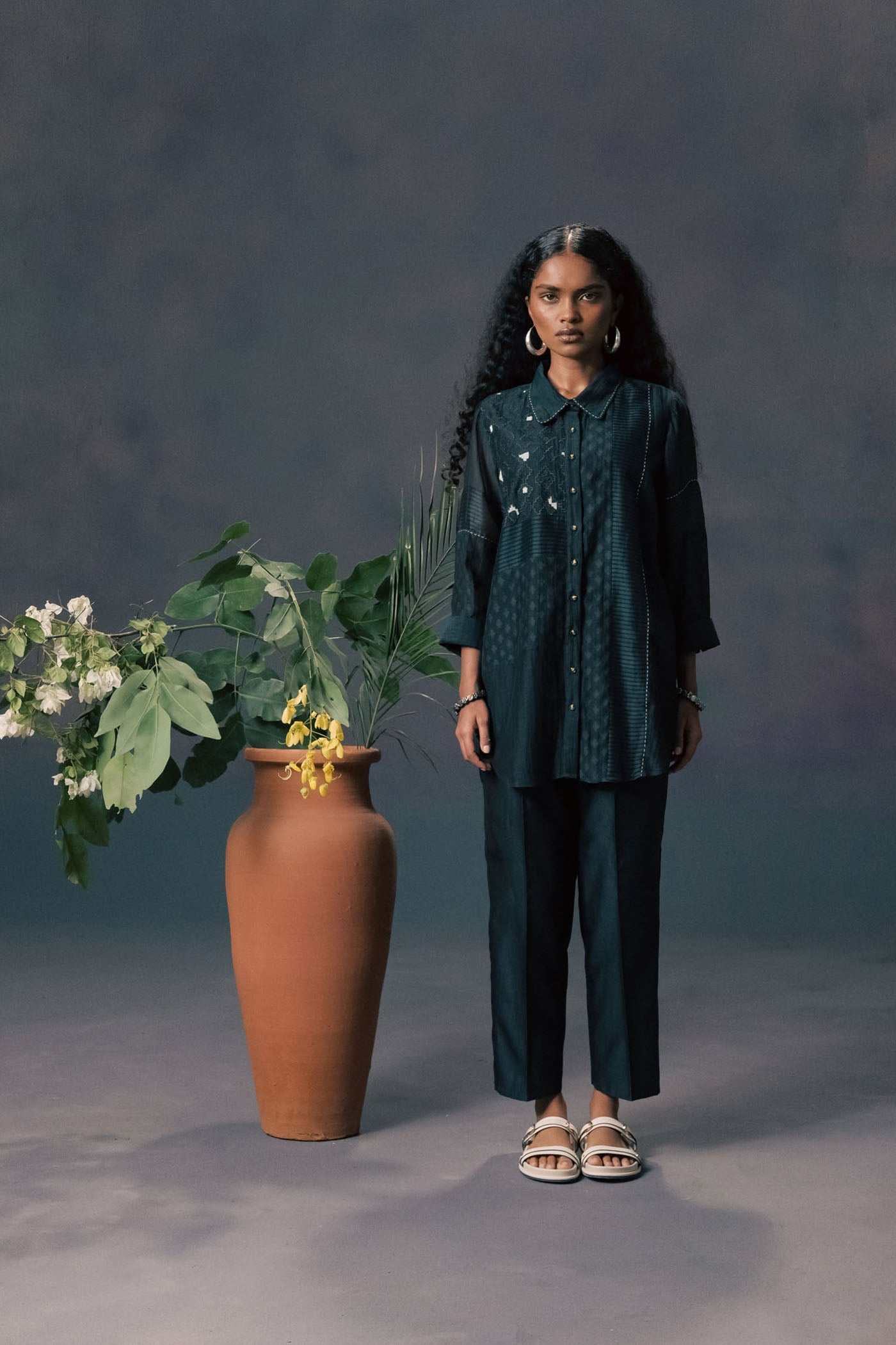 Luxurious Indigo Silk Chanderi Embroidered Lace Shirt & Straight Pants Set