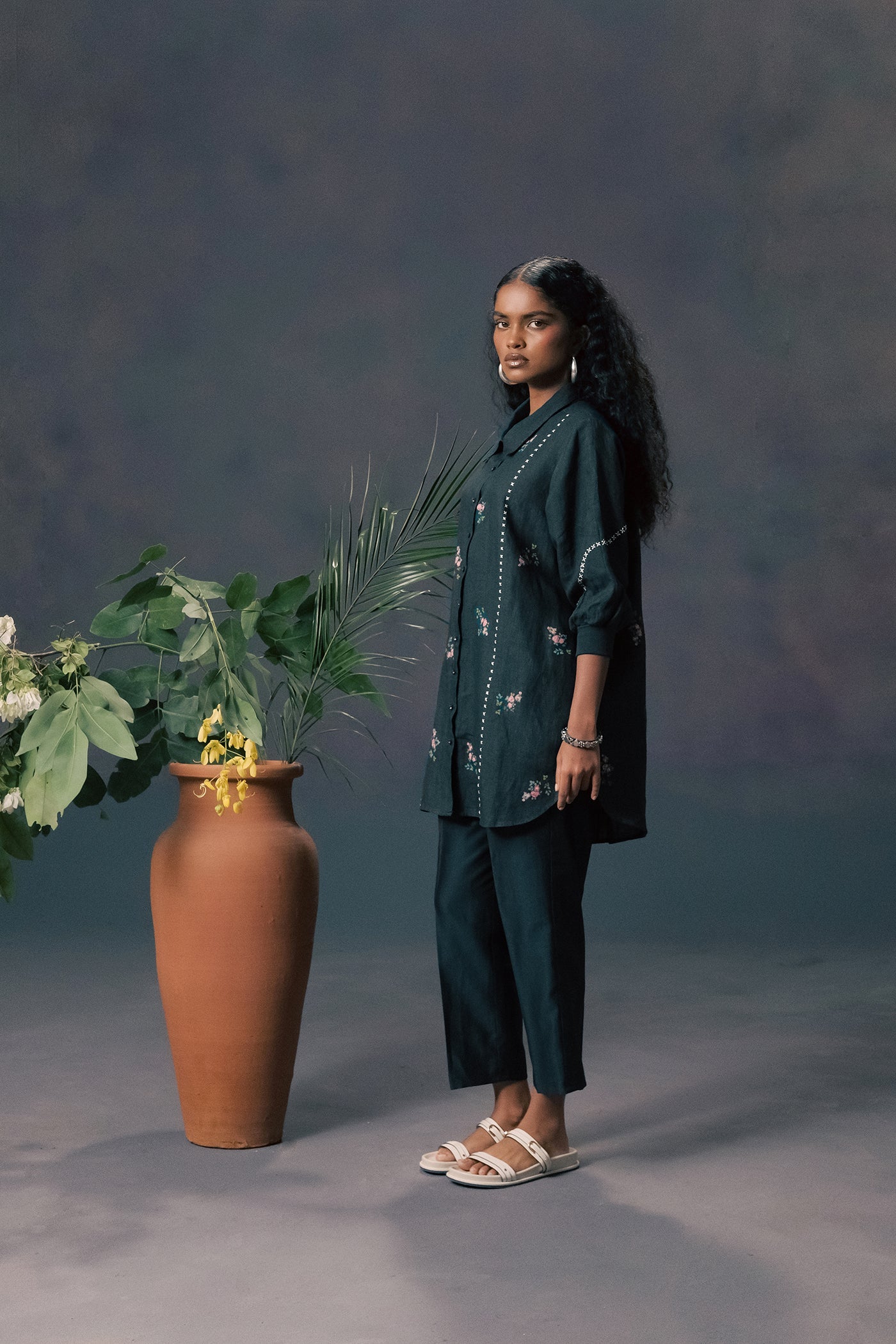 Elegant Indigo Rose Print Linen Shirt with Chanderi Silk Straight Pants Set