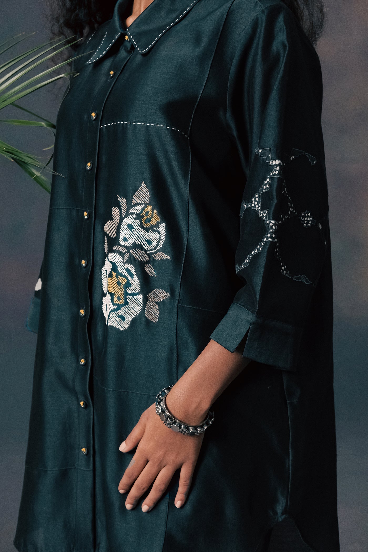 Luxe Indigo Silk Chanderi Embroidered Shirt & Straight Pants Co-ord Set