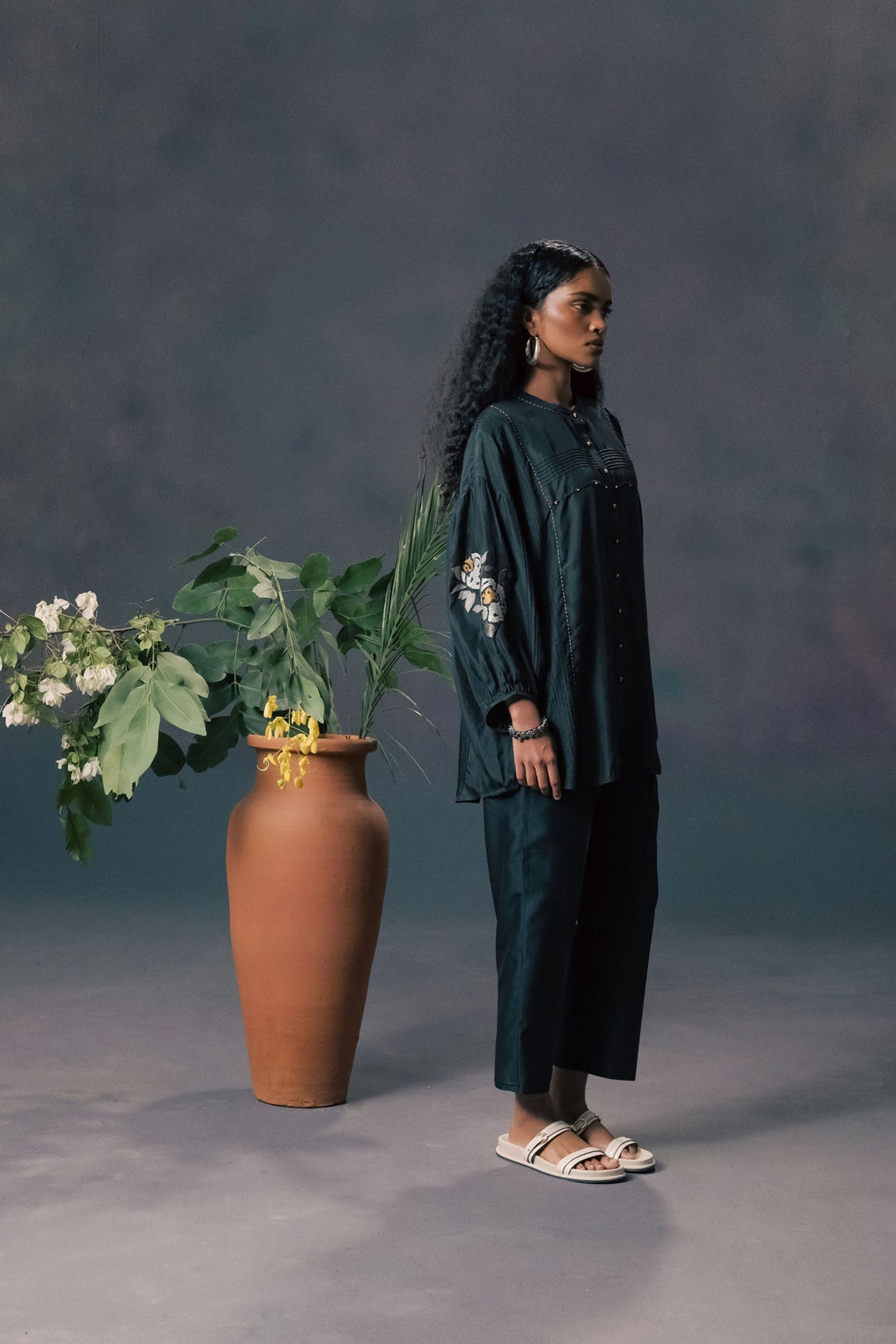 Elegant Indigo Mulberry Silk Shirt & Chanderi Pants Set with Striped Embroidery