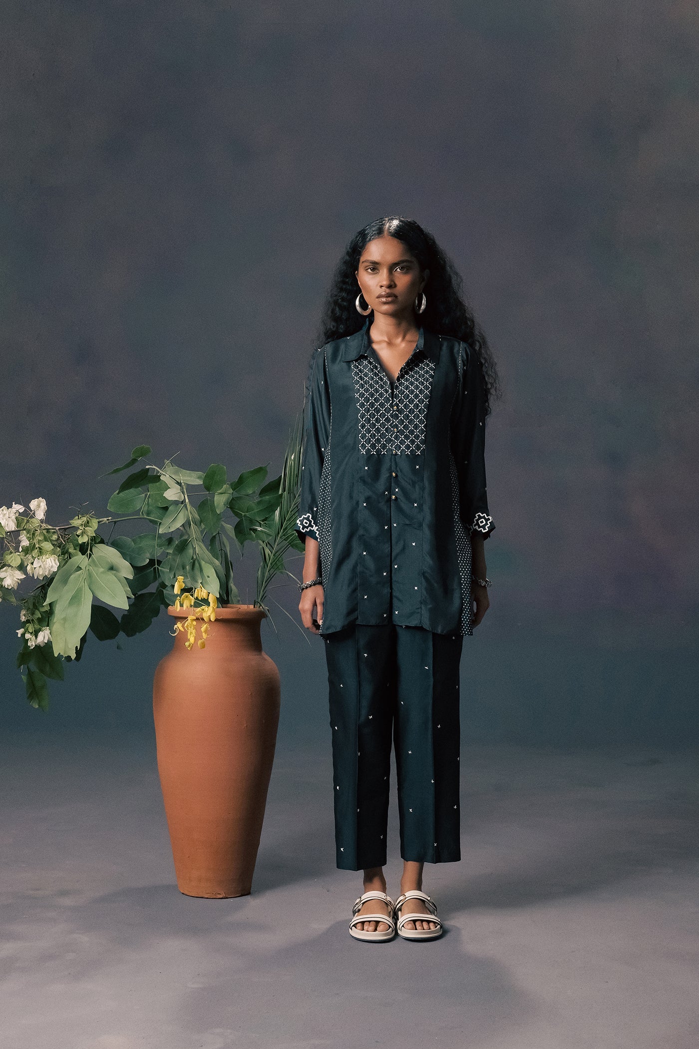 Elegant Indigo Mulberry Silk Embroidered Shirt & Silk Chanderi Straight Pants Set