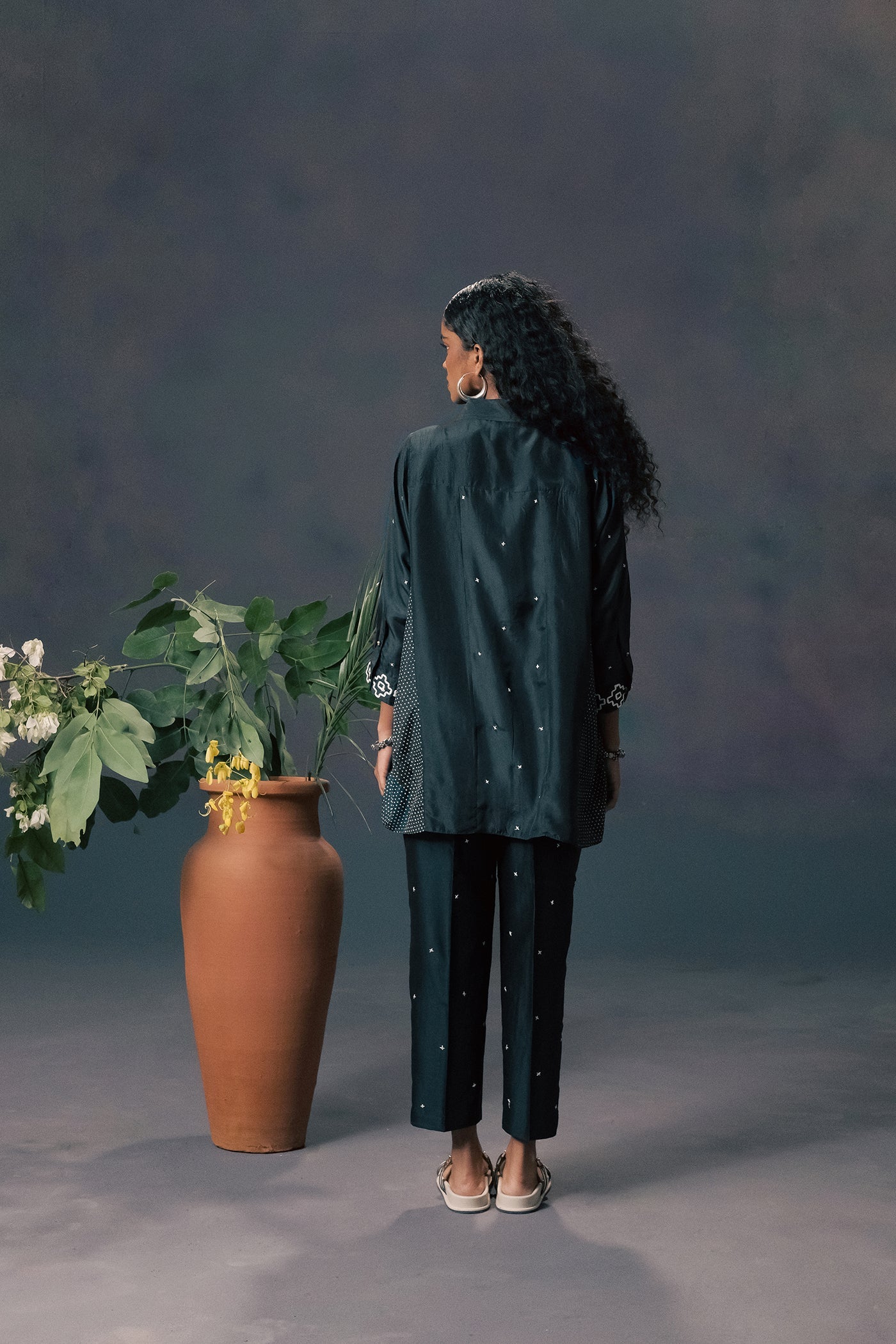 Elegant Indigo Mulberry Silk Embroidered Shirt & Silk Chanderi Straight Pants Set