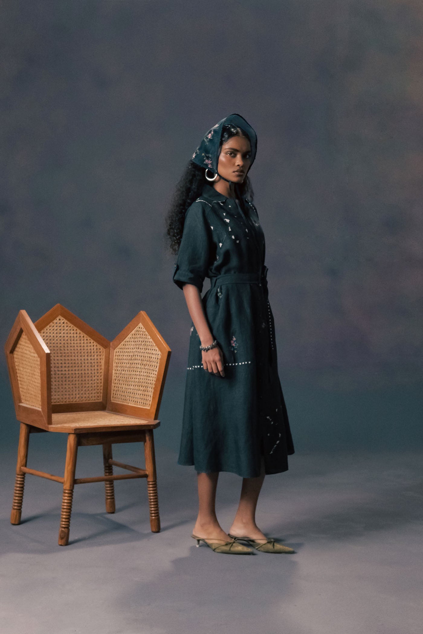 Elegant Indigo Rose Print Linen Dress with Hand Embroidery and Slip