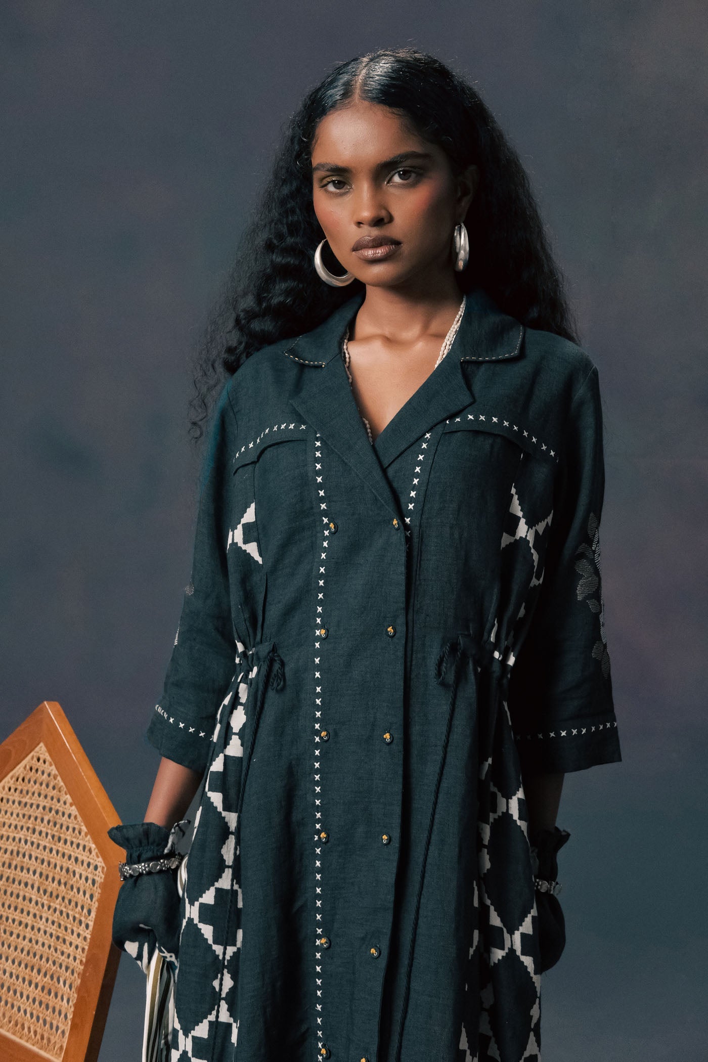 Flowy Indigo Linen Shirt Dress: Discharge Print, Chic Embroidery, Relaxed Fit