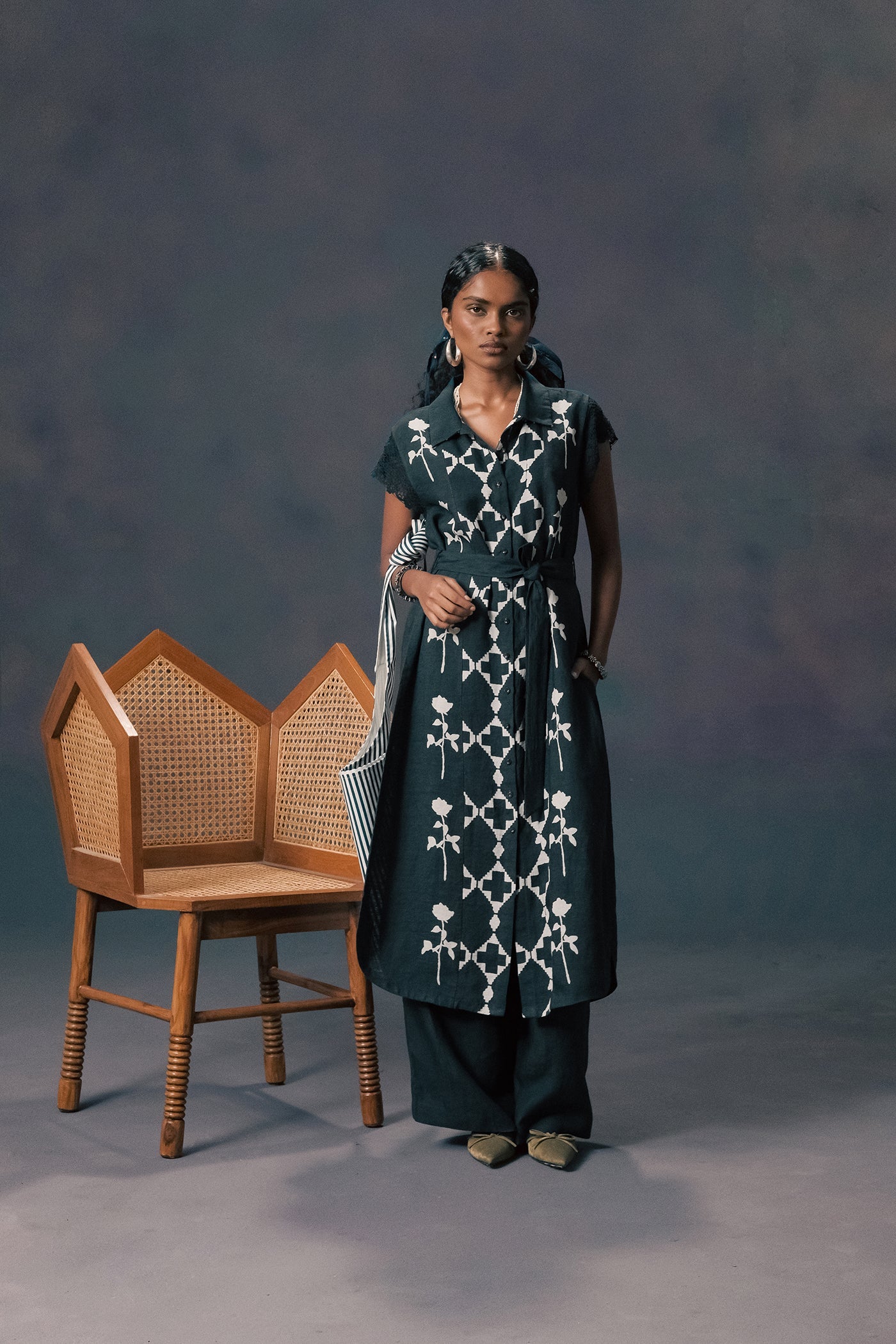 Elegant Indigo Linen Long Shirt & Flared Pants Set with Unique Print