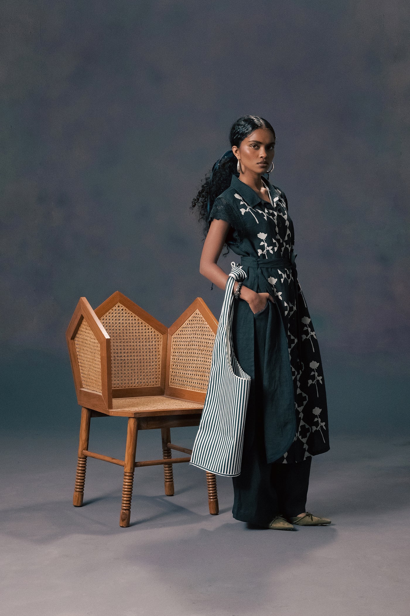 Elegant Indigo Linen Long Shirt & Flared Pants Set with Unique Print