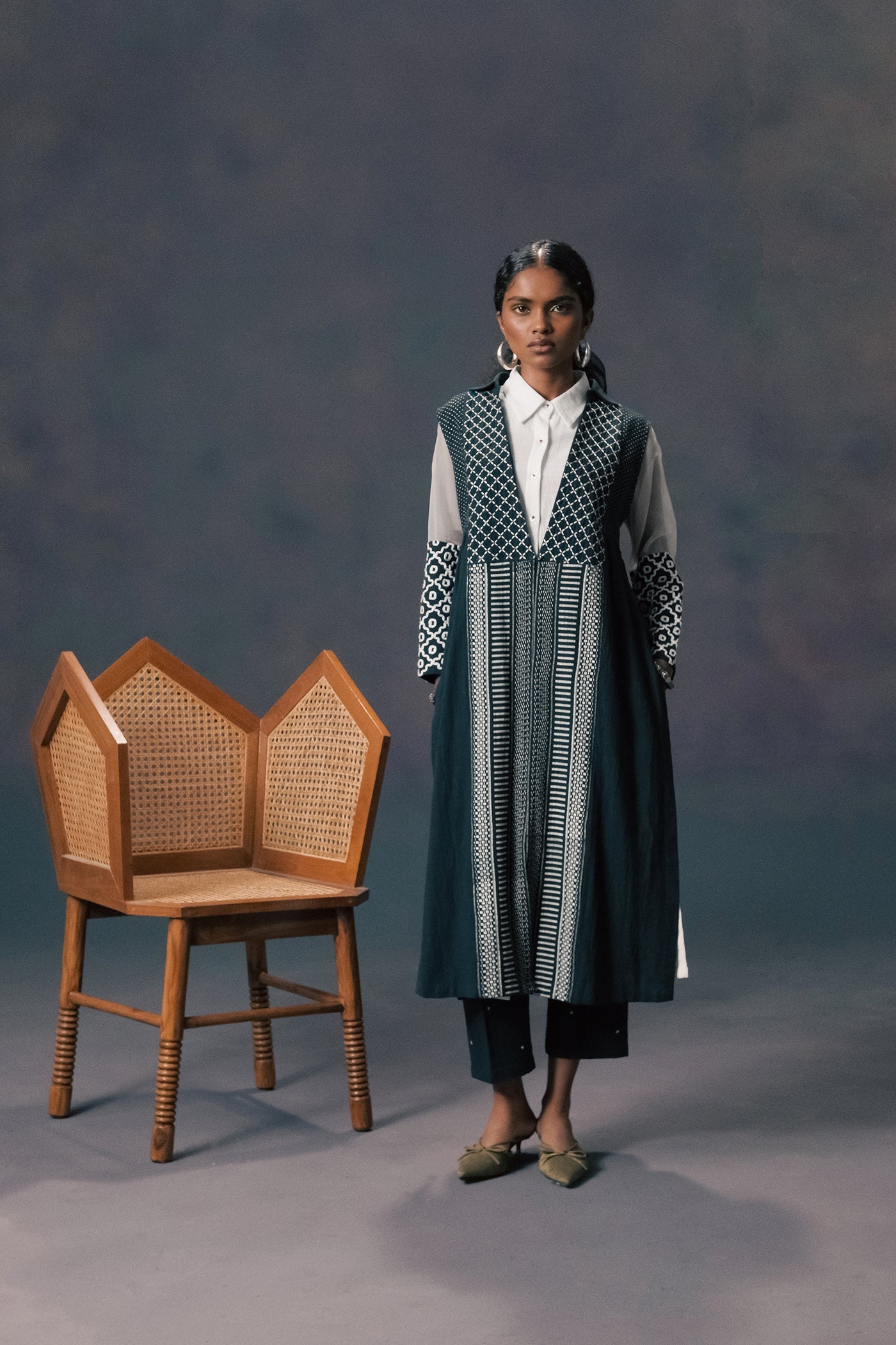 Elegant Indigo Embroidered Slub Cotton Jacket Set with Ivory Tunic Pants