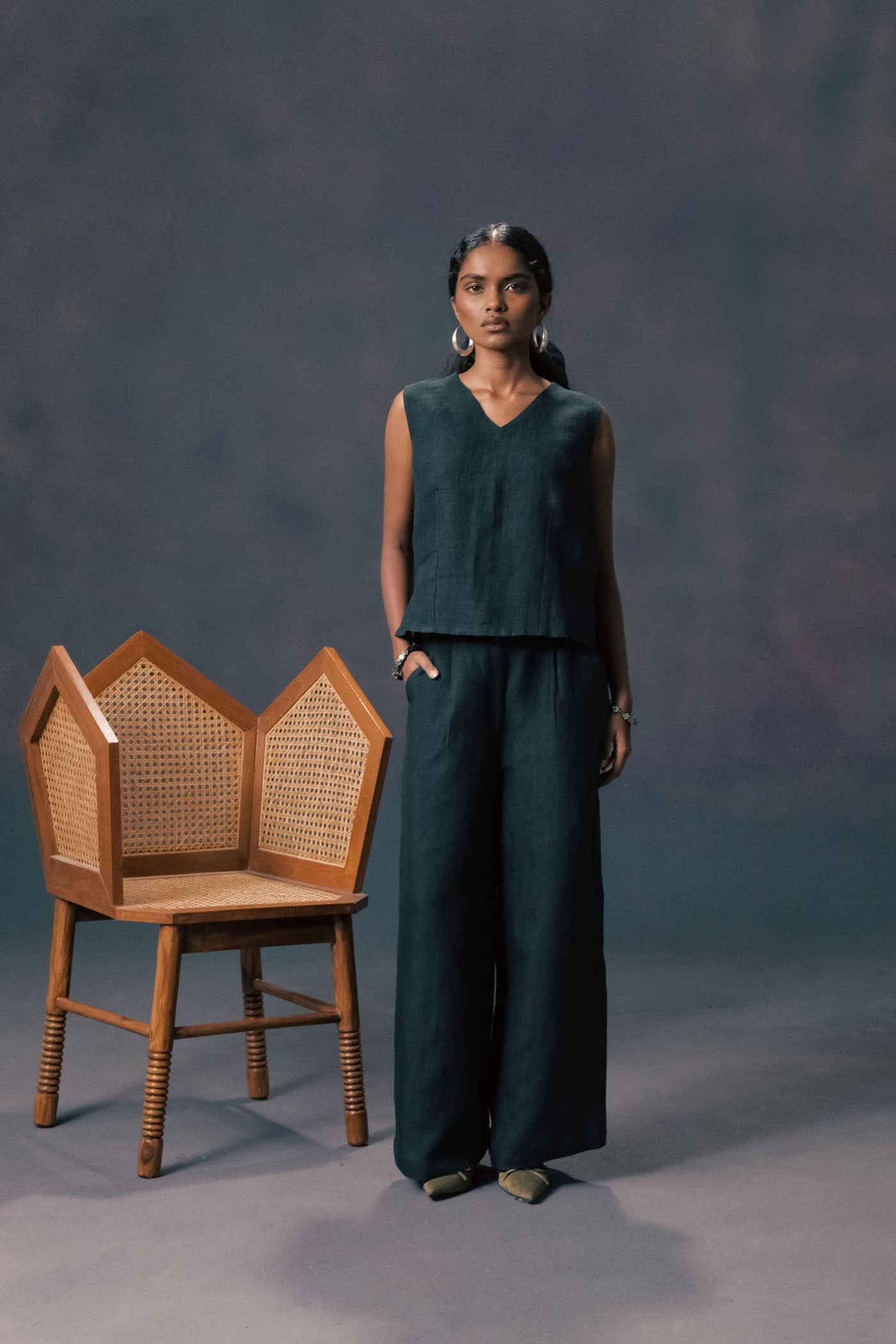 Luxurious Indigo Silk Chanderi Embroidered Jacket with Linen Flared Pants Set