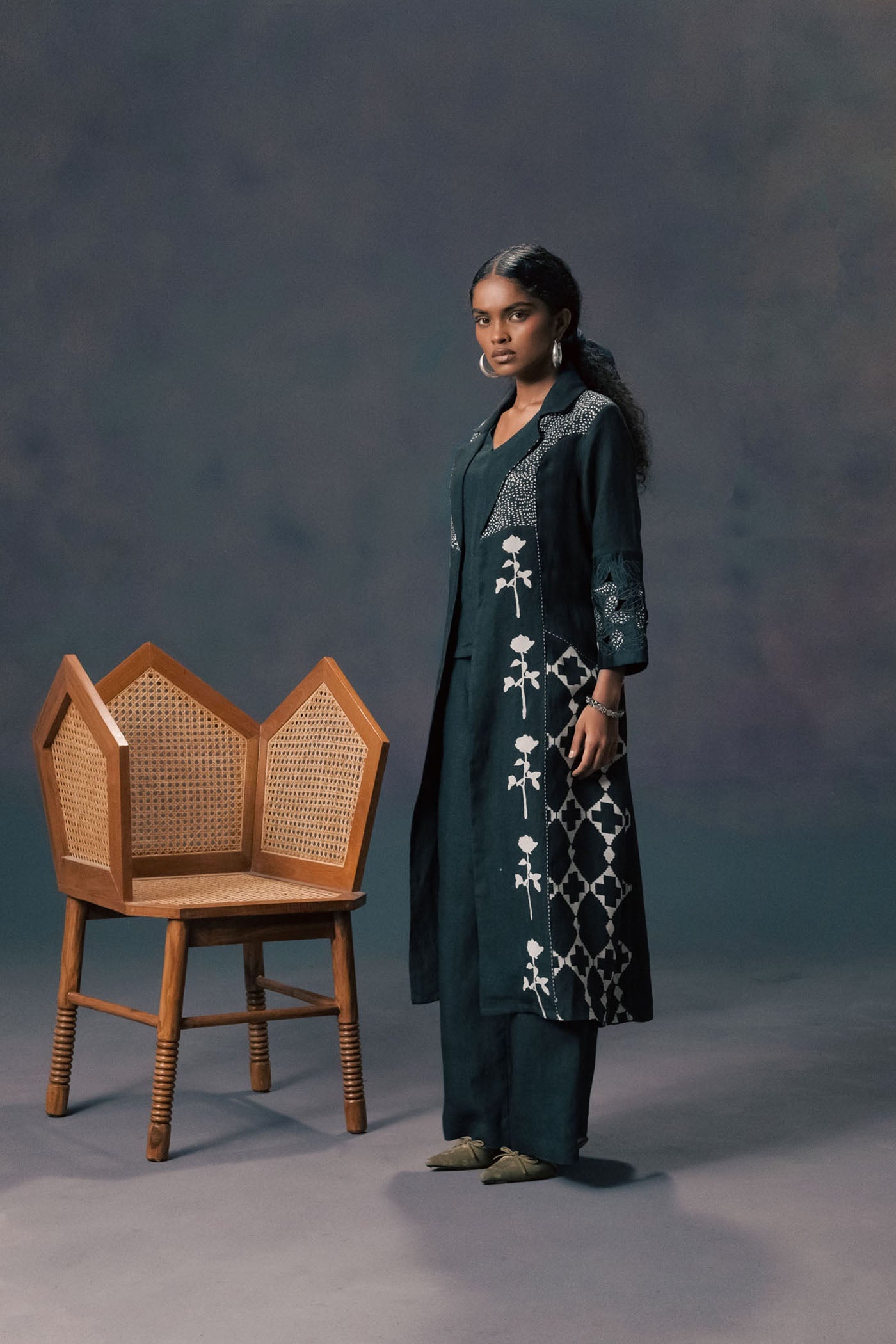 Indigo Discharge Print Linen Jacket, Top & Flared Pants Set