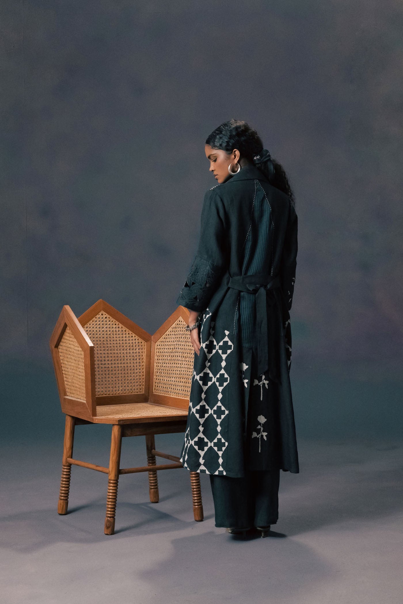 Indigo Discharge Print Linen Jacket, Top & Flared Pants Set