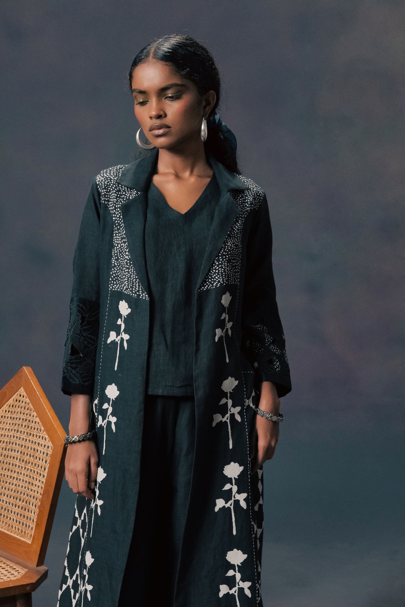 Indigo Discharge Print Linen Jacket, Top & Flared Pants Set